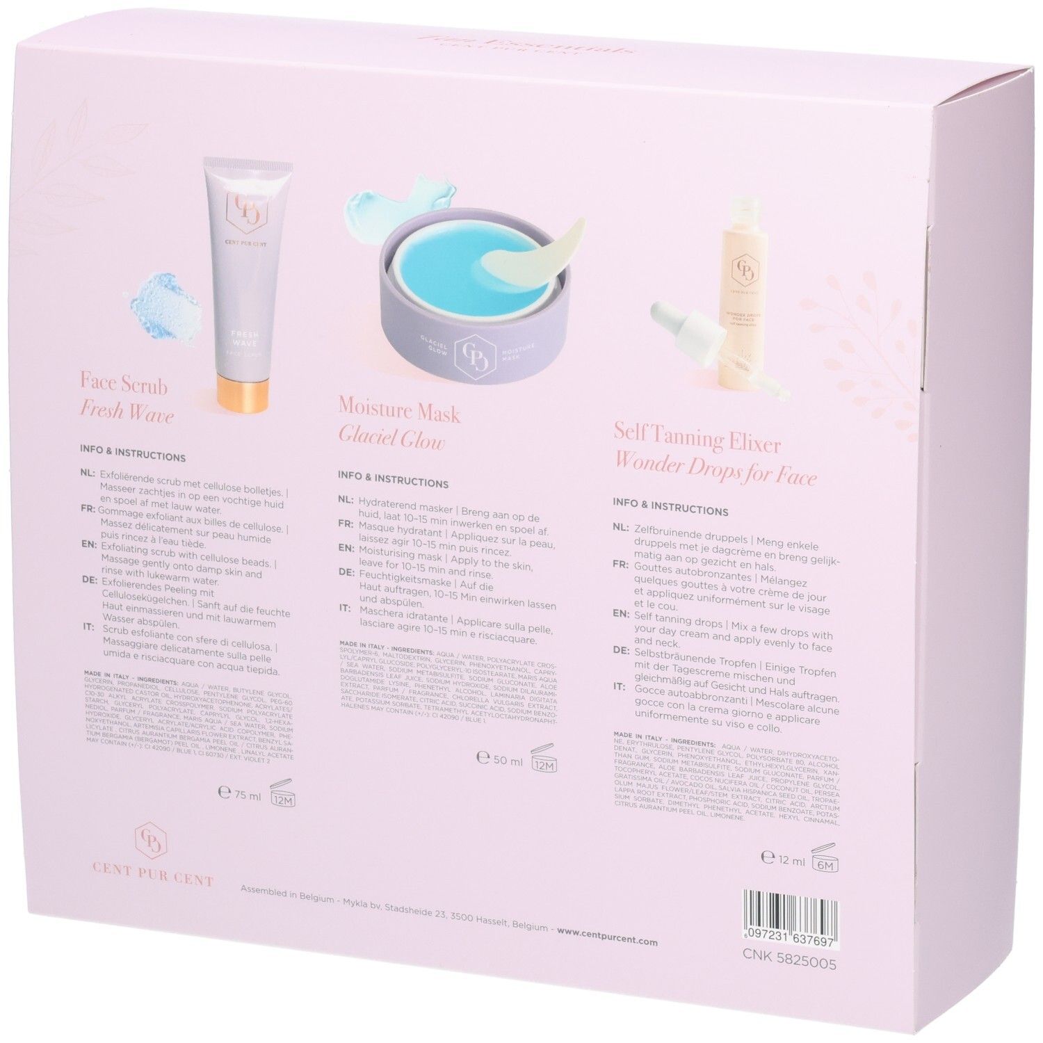 Arrière de la boîte Cent Pur Cent Tan Essentials avec informations produit.
