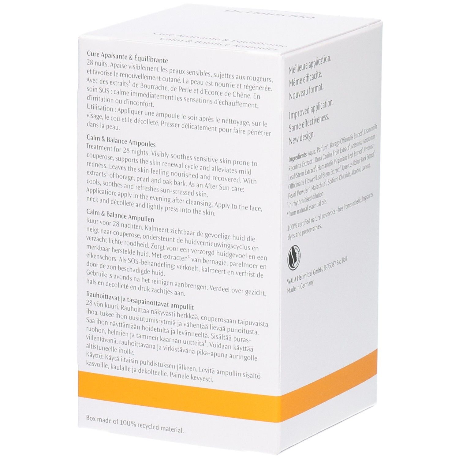 Vue latérale de la boîte Dr. Hauschka Cure Apaisante & Équilibrante avec informations produit multilingues.