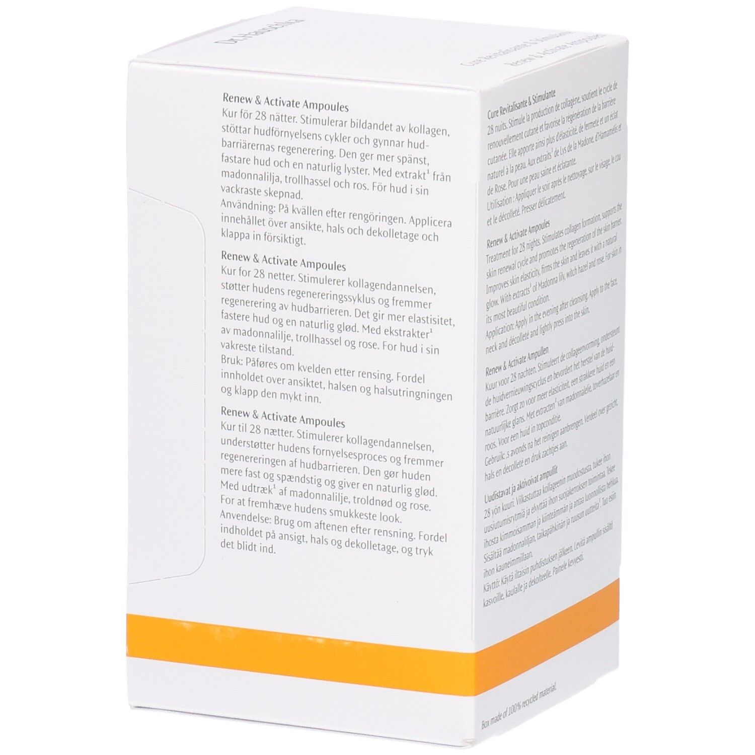 Dr. Hauschka Renew & Activate Ampoules: Vue latérale avec description d'utilisation multilingue. 28 ampoules.