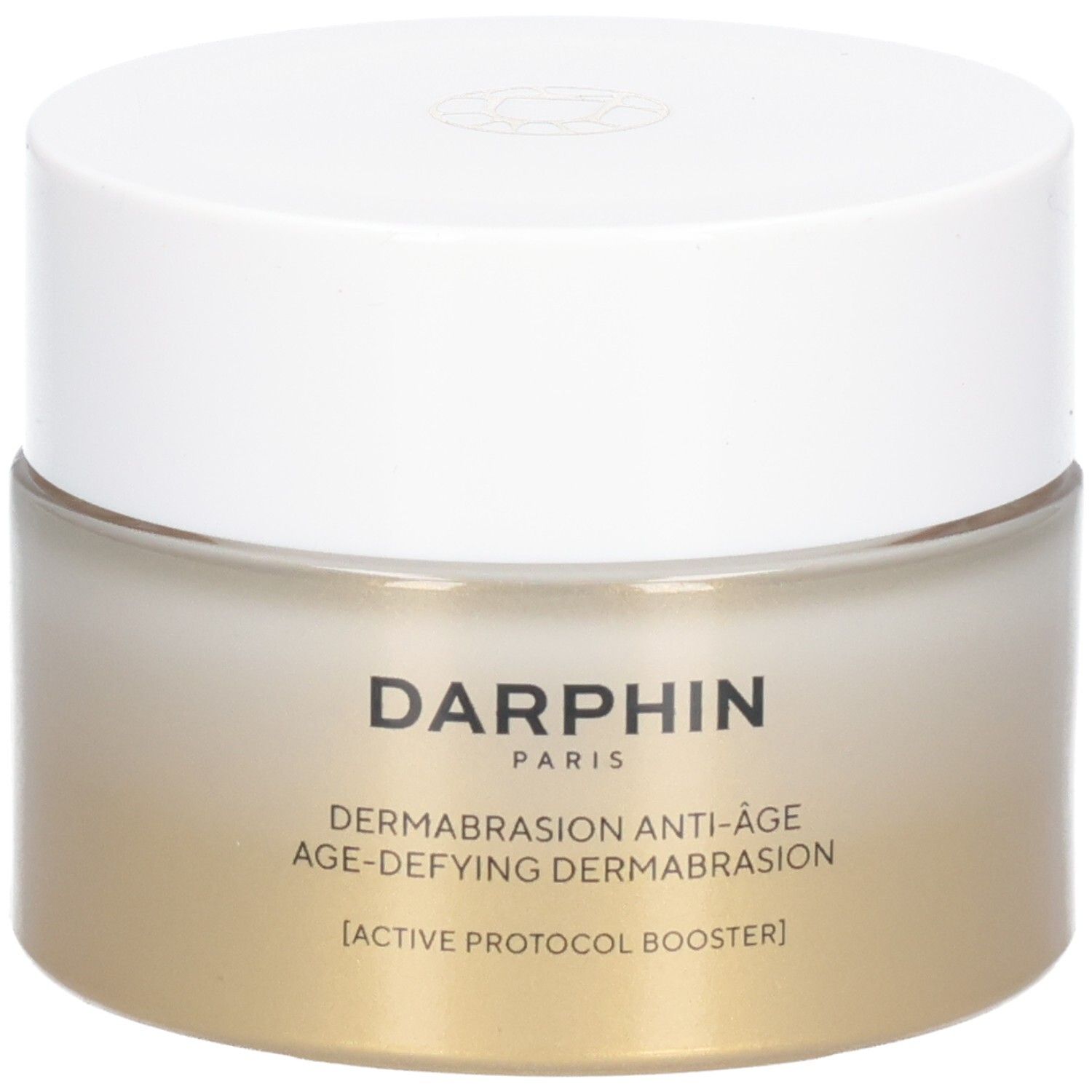 Pot de crème avec couvercle blanc. Inscription: Darphin, Dermabrasion Anti-Âge, Age-Defying Dermabrasion.