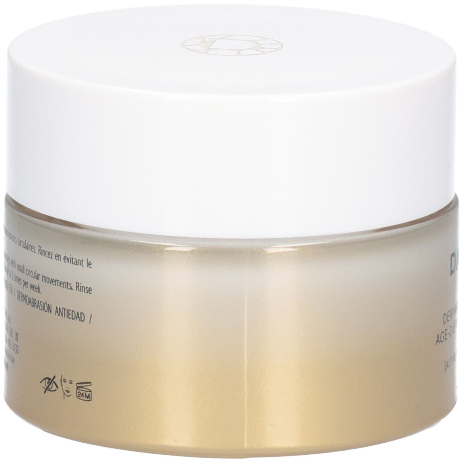 Pot de crème, vue latérale. Couvercle blanc, pot doré. Texte: Dermabrasion Anti-Âge, mode d'emploi.