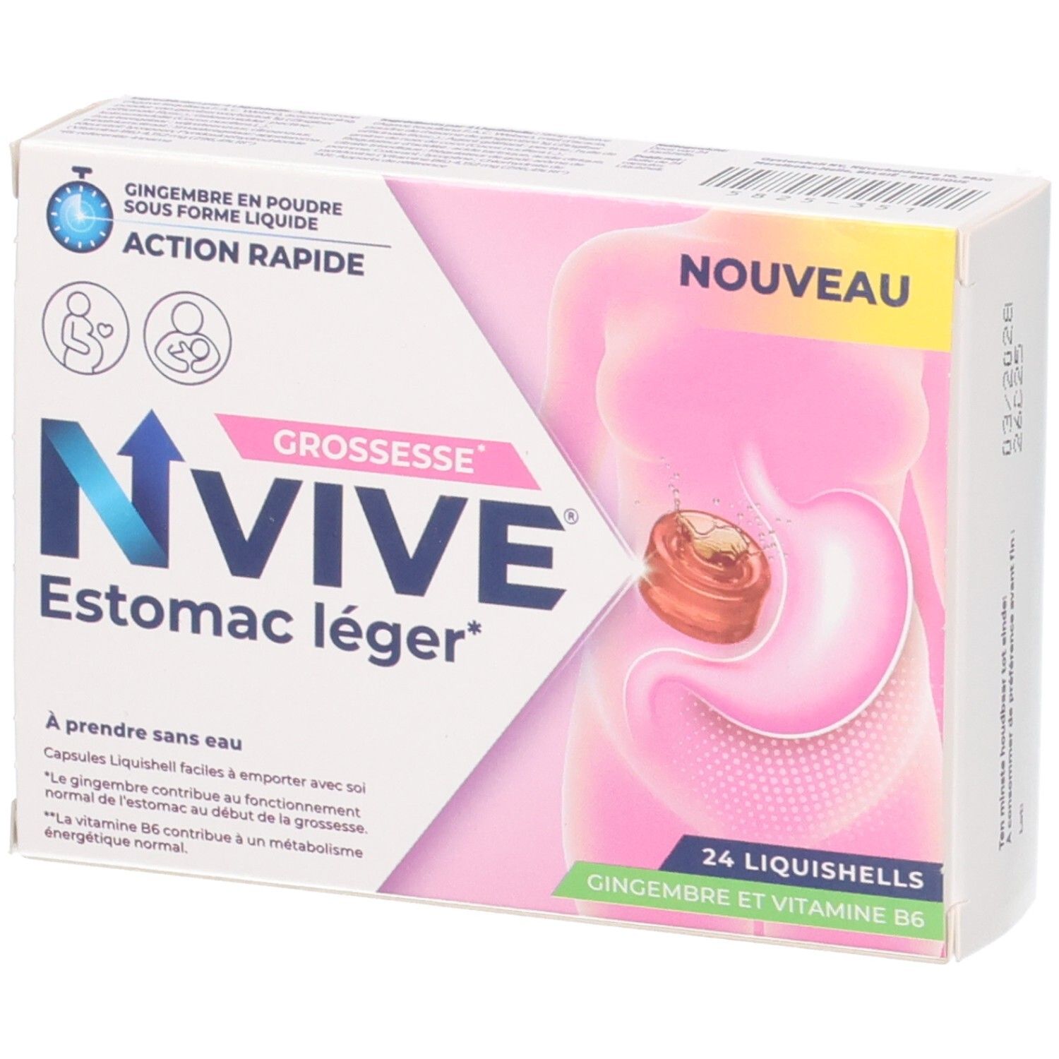 NVIVE Estomac léger: Doos met 24 Liquishells voor zwangere vrouwen. Met gember en vitamine B6.