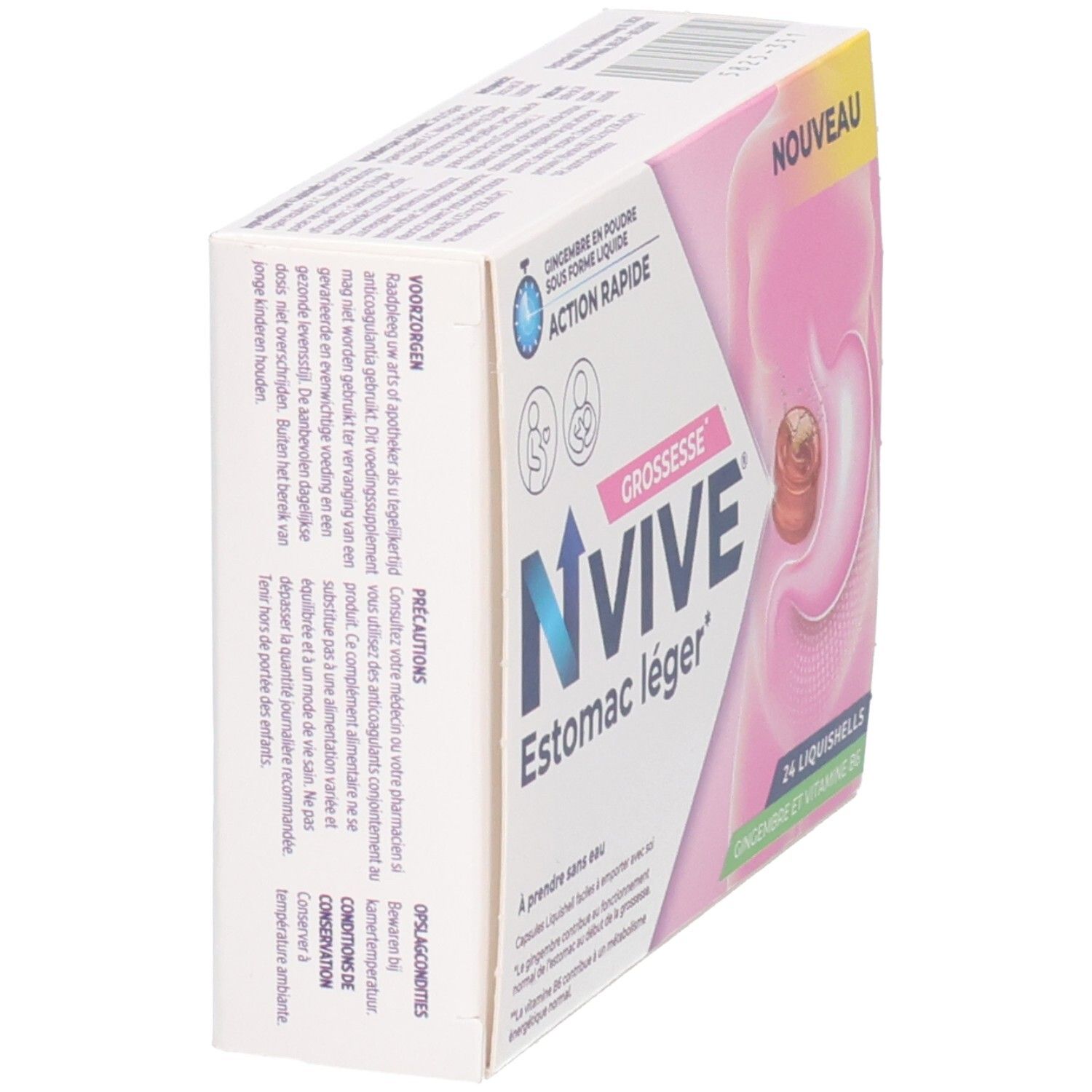 NVIVE Estomac léger: Zijaanzicht van de doos met 24 Liquishells voor zwangere vrouwen. Met gember en vitamine B6.