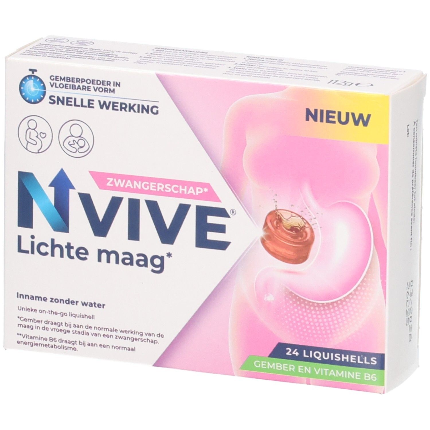 NVIVE Lichte maag: Doos met 24 Liquishells voor zwangere vrouwen. Met gember en vitamine B6.