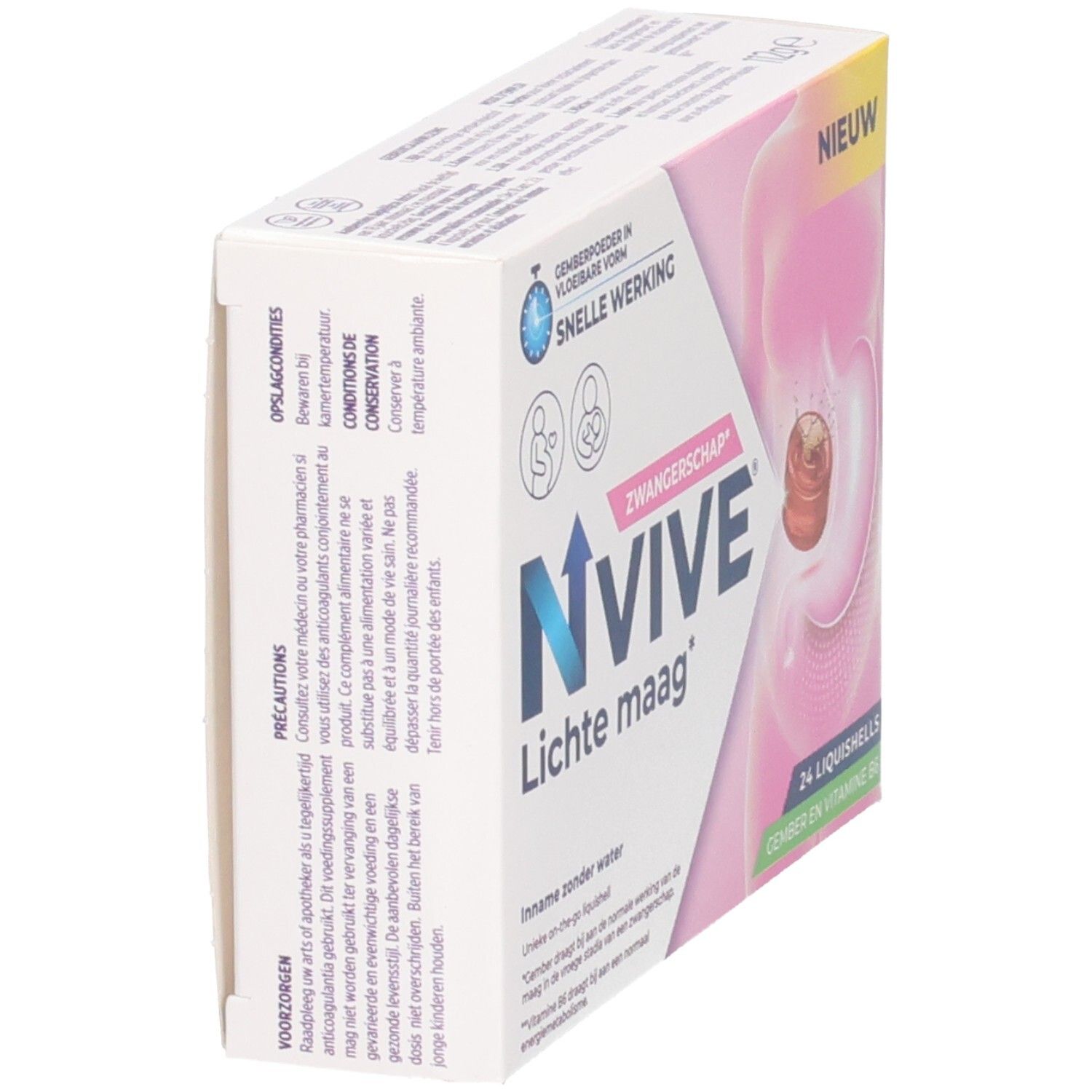 NVIVE Lichte maag: Zijaanzicht van de doos met 24 Liquishells voor zwangere vrouwen. Met gember en vitamine B6.