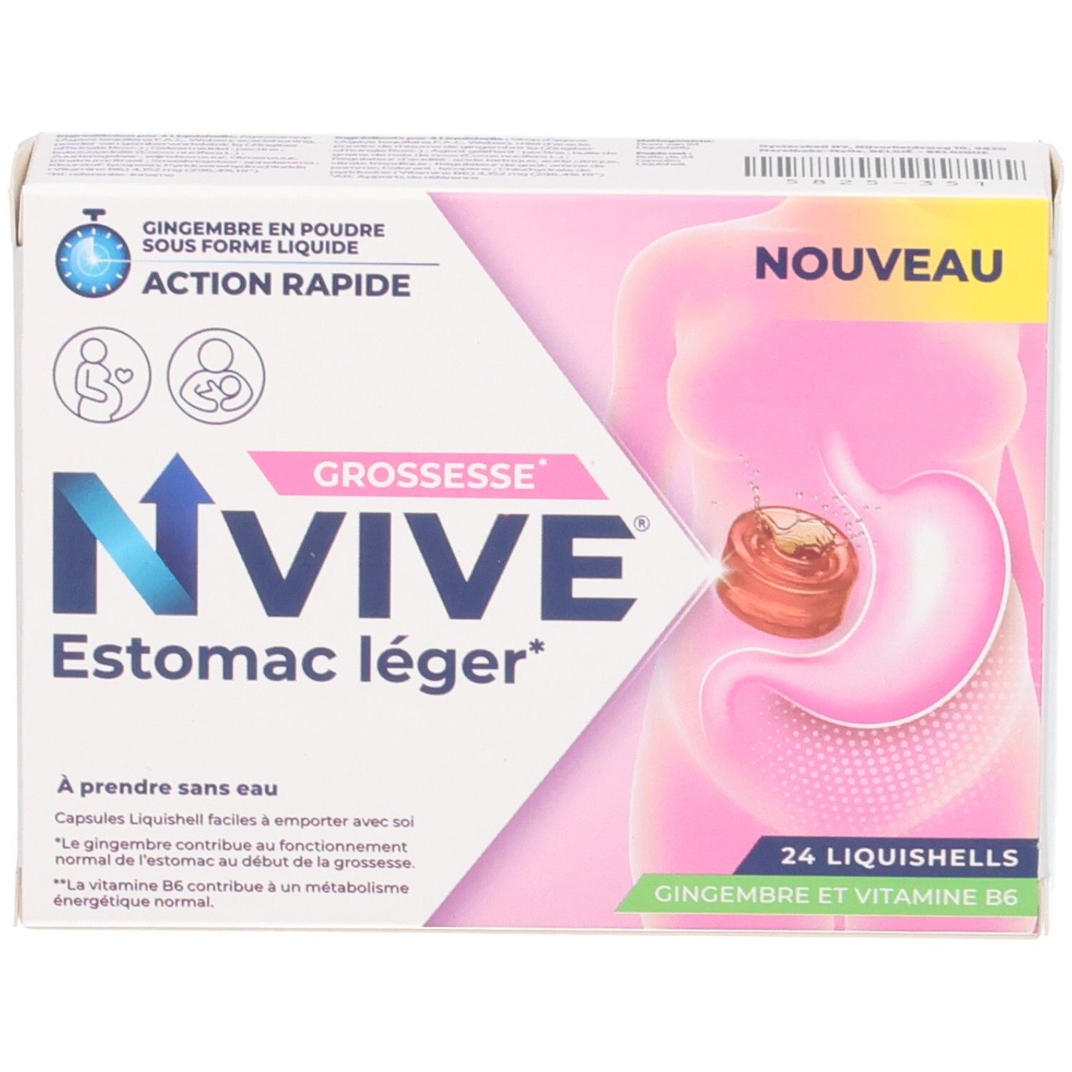 NVIVE Estomac léger: Doos met 24 Liquishells voor zwangere vrouwen. Met gember en vitamine B6.