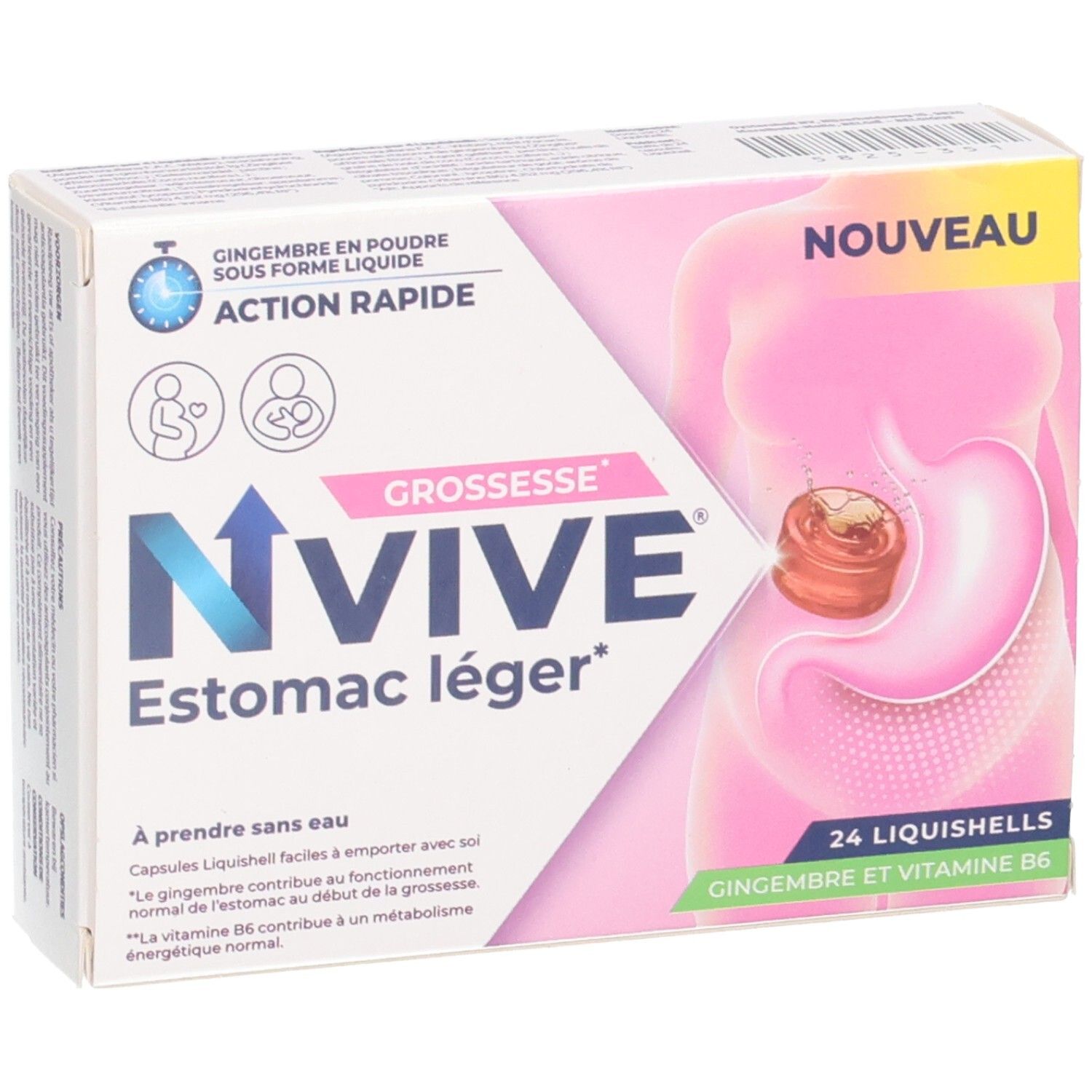 NVIVE Estomac léger: Doos met 24 Liquishells voor zwangere vrouwen. Met gember en vitamine B6.