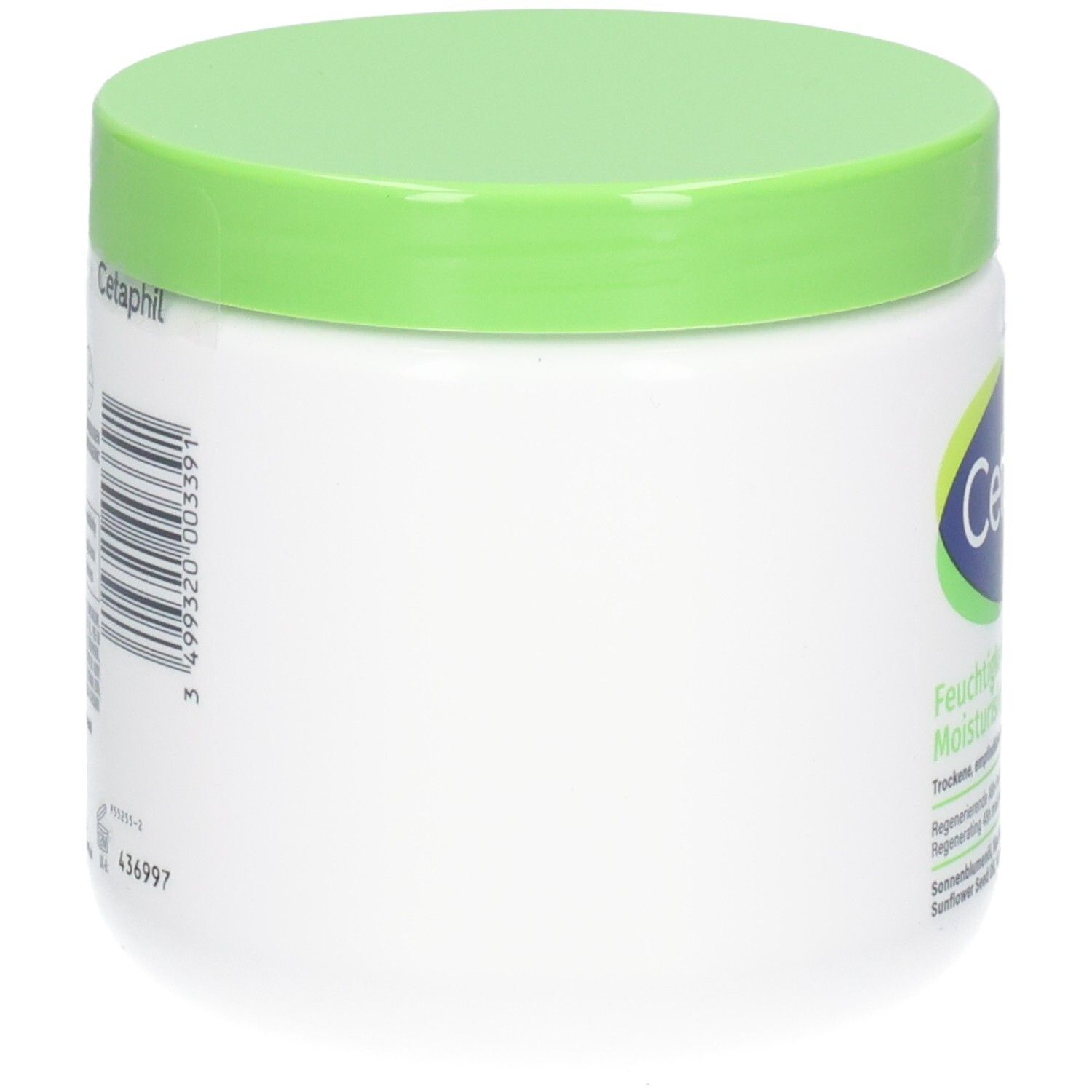 Witte pot met groene deksel. Zijaanzicht met barcode en productinformatie. Geen productnaam zichtbaar.