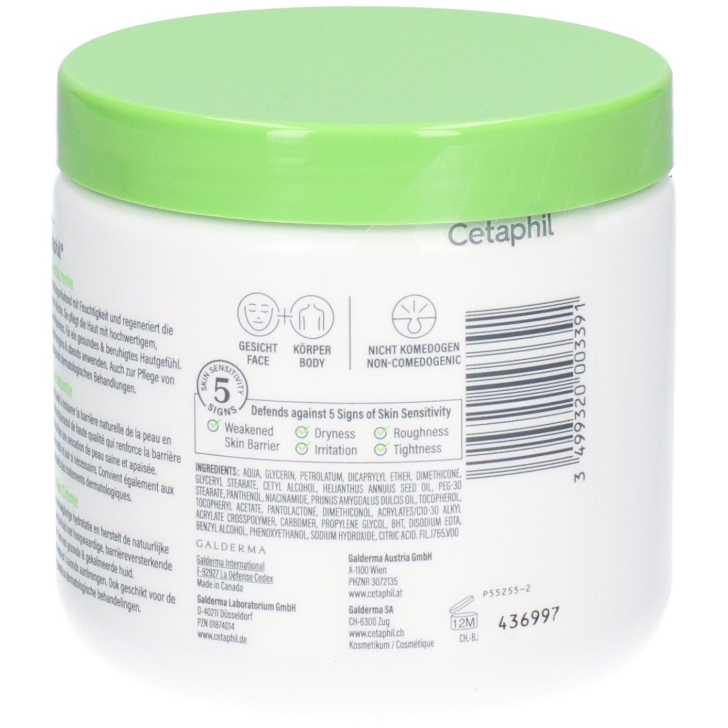 Witte pot met groene deksel. Achterkant met productinformatie en ingrediënten. Niet-comedogeen.