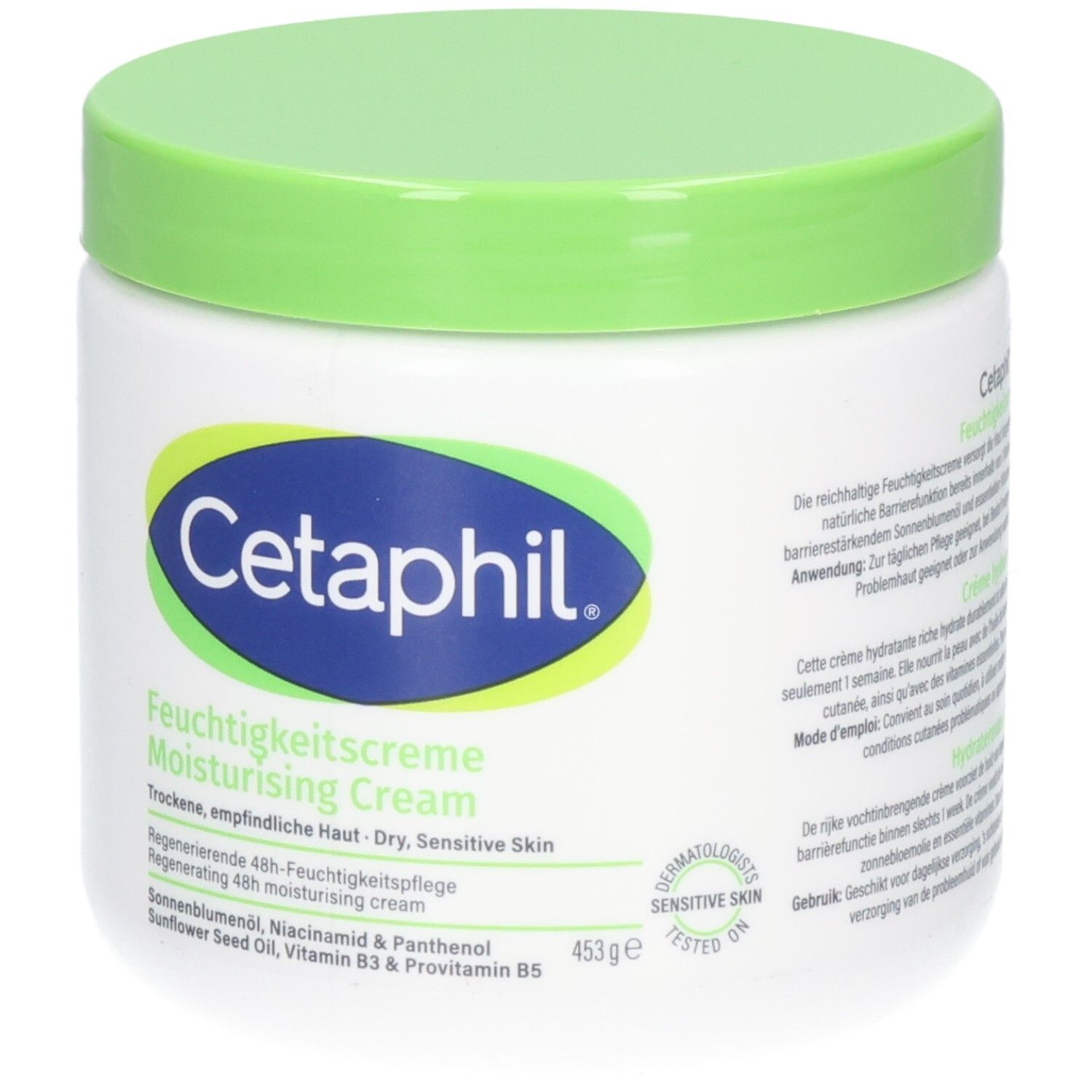 Witte pot met groene deksel. Etiket met Cetaphil-logo en productnaam. Tekst: Moisturising Cream, droge, gevoelige huid.
