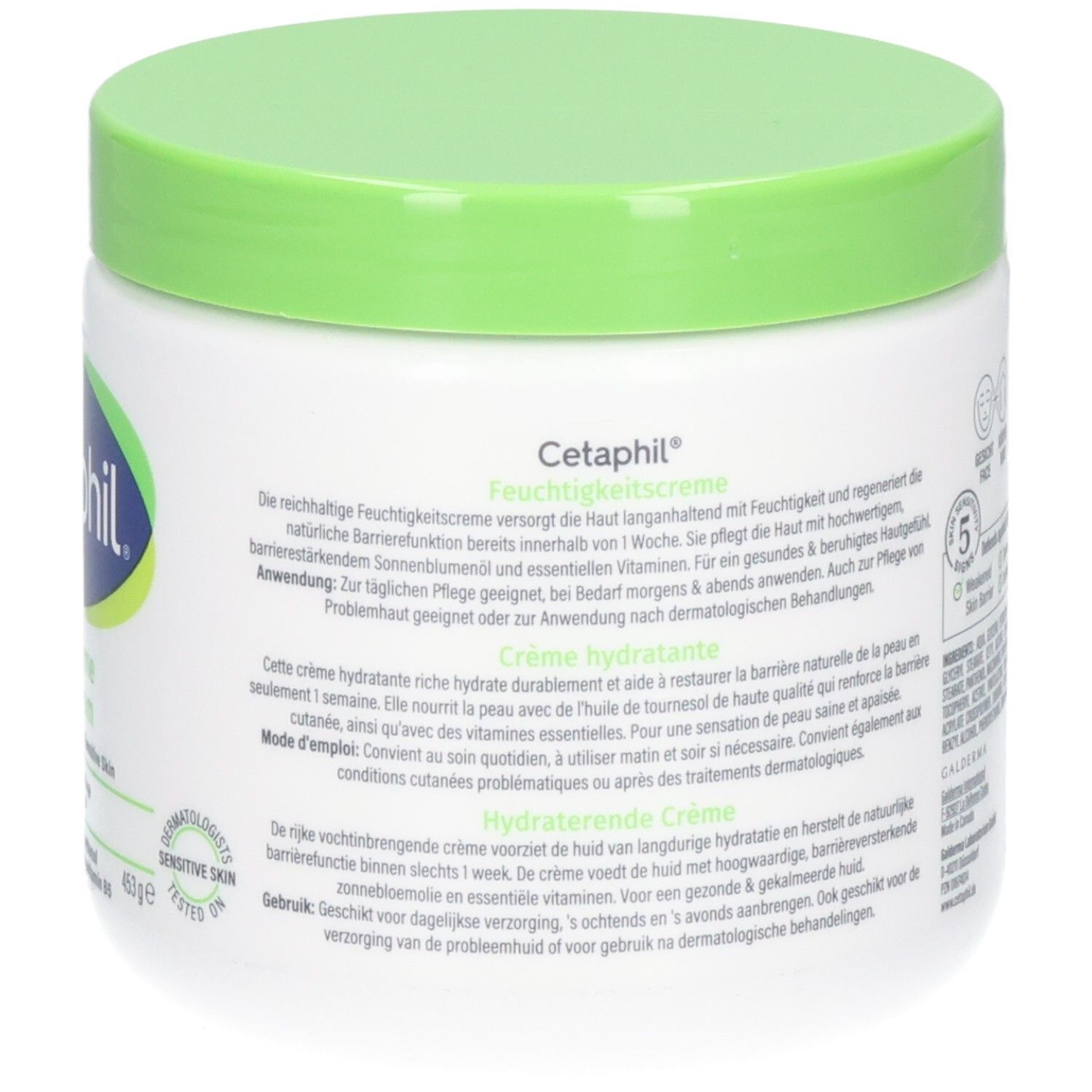 Witte pot met groene deksel. Achterkant met productinformatie in meerdere talen. Dermatologisch getest.