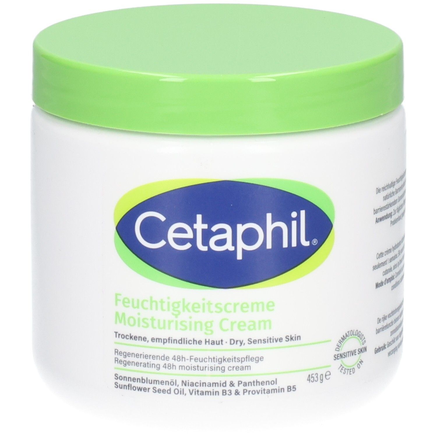 Witte pot met groene deksel. Etiket met Cetaphil-logo en productnaam. Tekst: Moisturising Cream, droge, gevoelige huid.