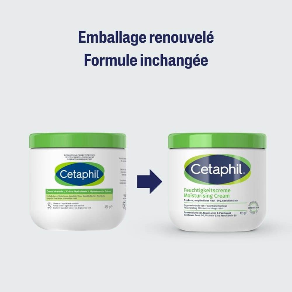 Arrière d'un pot de crème hydratante Cetaphil avec texte français.