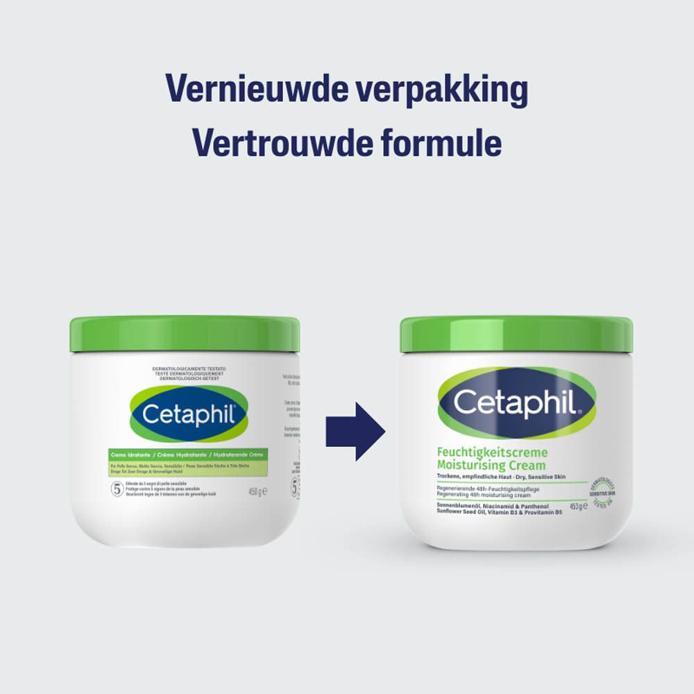 Achterkant van een Cetaphil vochtinbrengende crème pot met Nederlandse tekst.