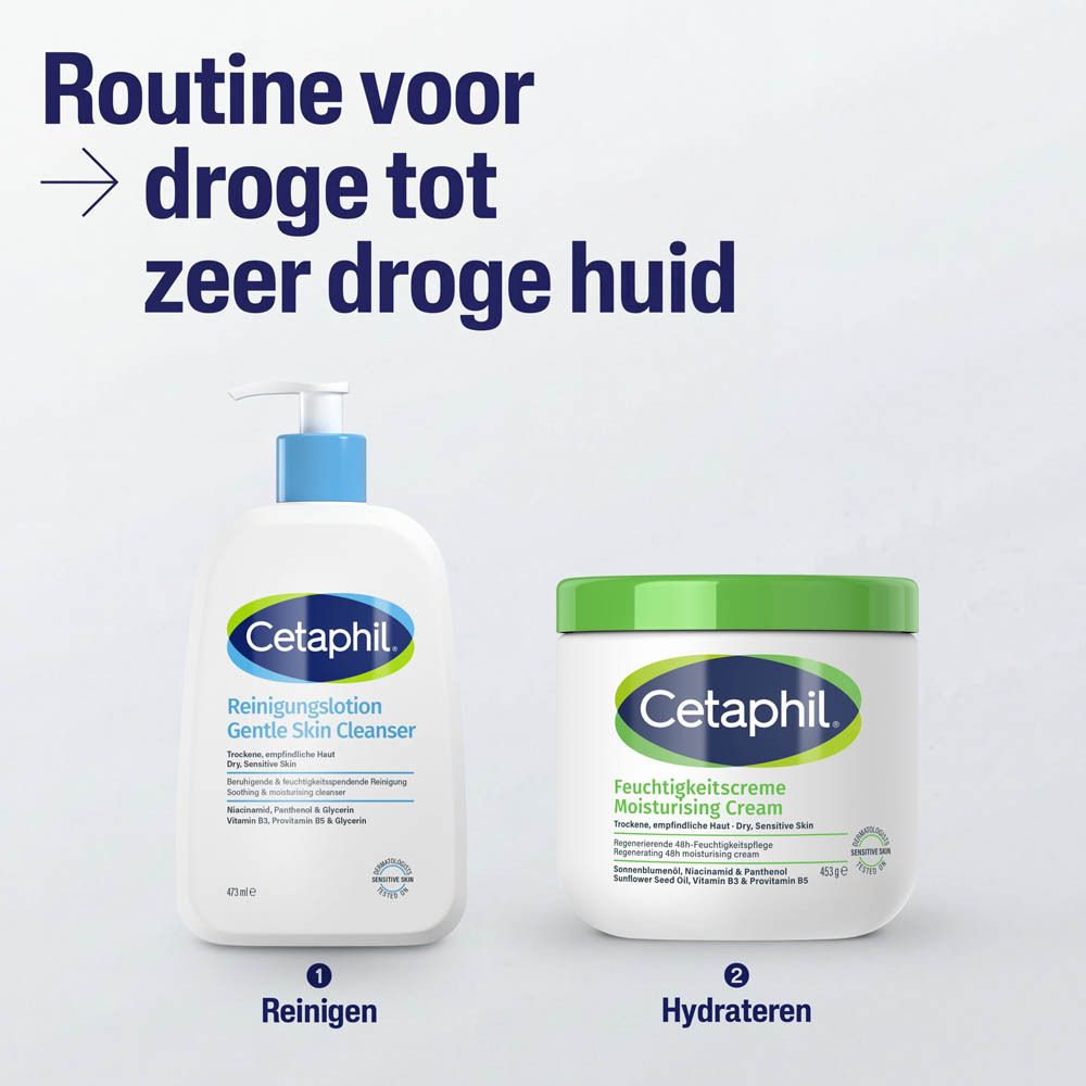 Routine voor droge tot zeer droge huid met Cetaphil reinigingslotion en vochtinbrengende crème.
