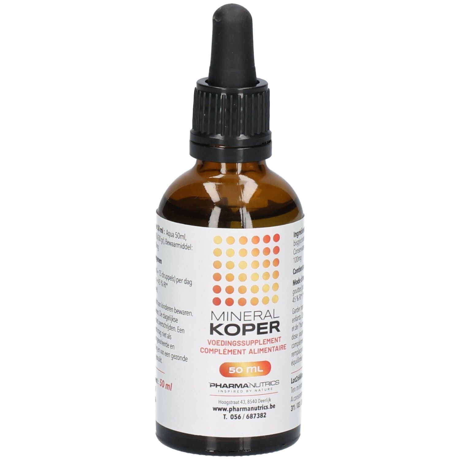 Bruine glazen fles met zwarte druppelaar. Opschrift: MINERAL KOPER, 50 ml. PharmaNutrics logo.