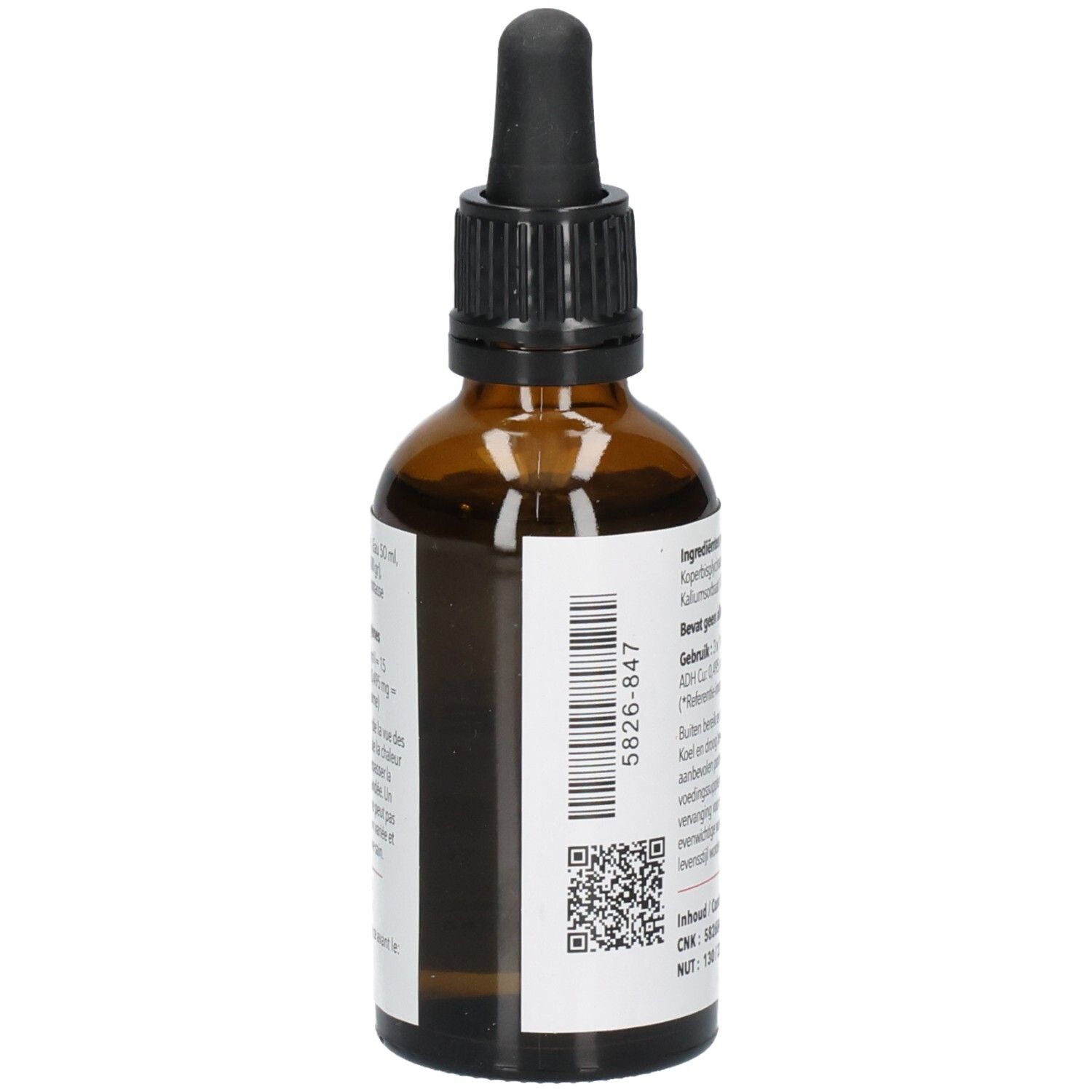 Bruine glazen fles, zijaanzicht. Etiket met barcode en tekst.
