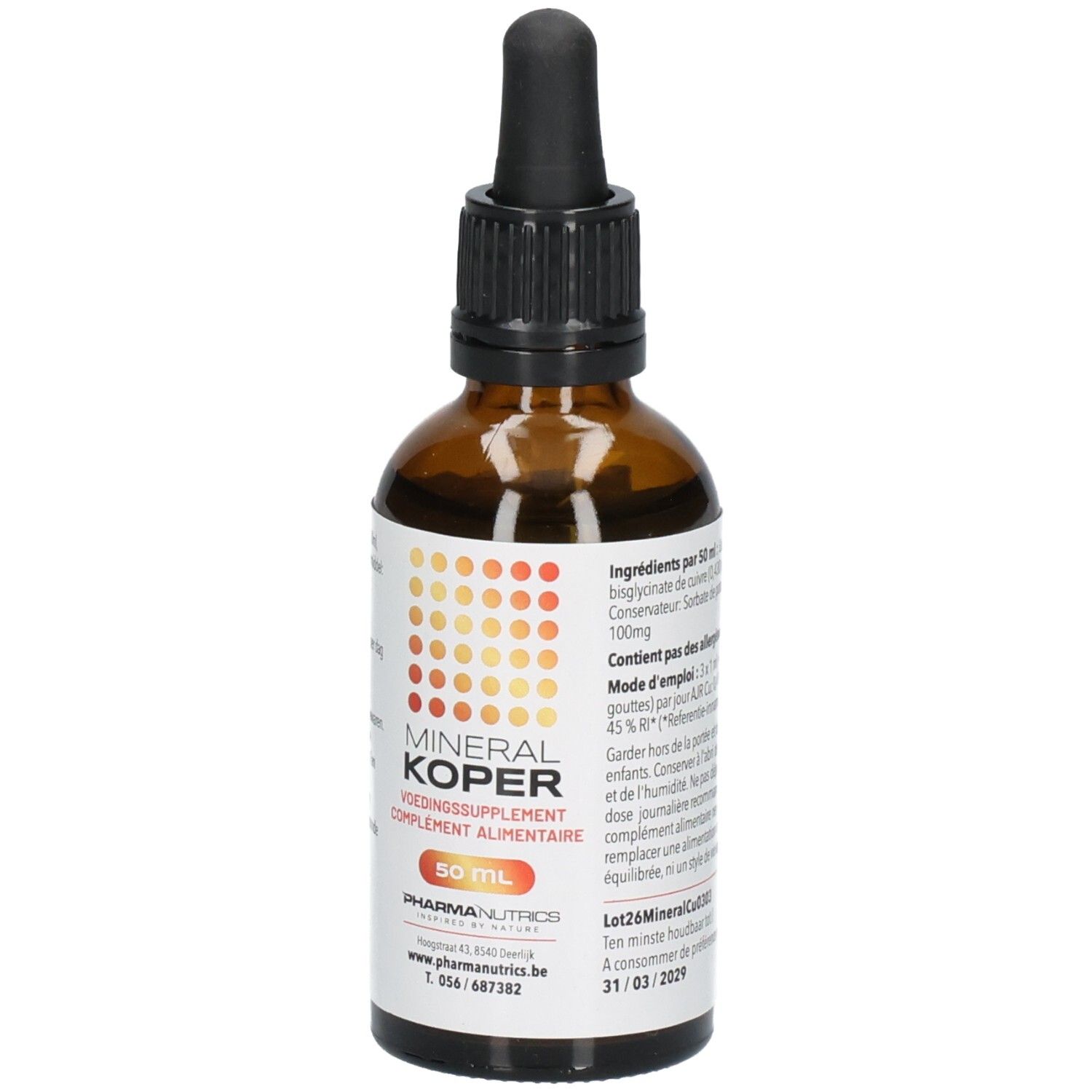 Bruine glazen fles met zwarte druppelaar. Opschrift: MINERAL KOPER, 50 ml. PharmaNutrics logo.