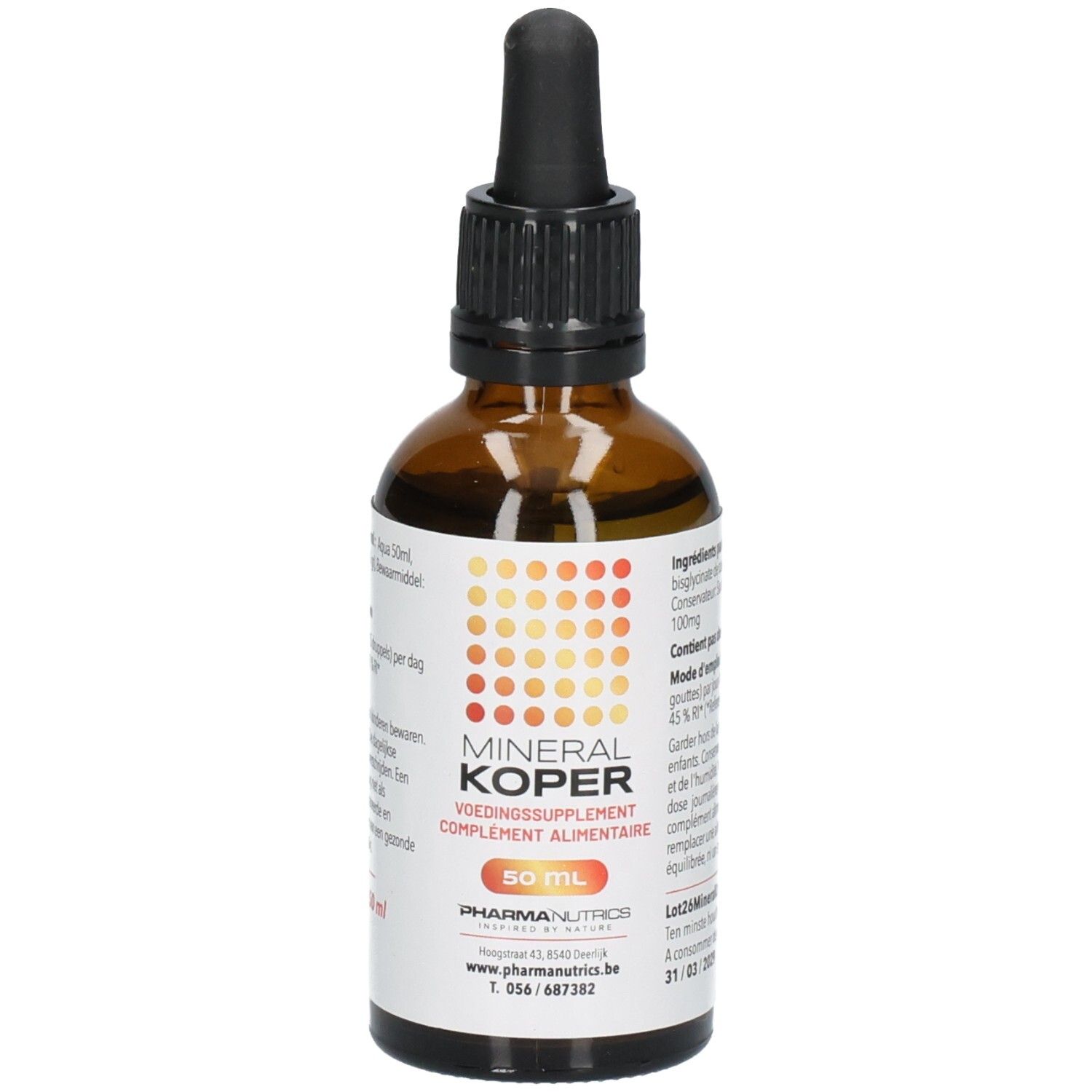 Bruine glazen fles met zwarte druppelaar. Opschrift: MINERAL KOPER, 50 ml. PharmaNutrics logo.