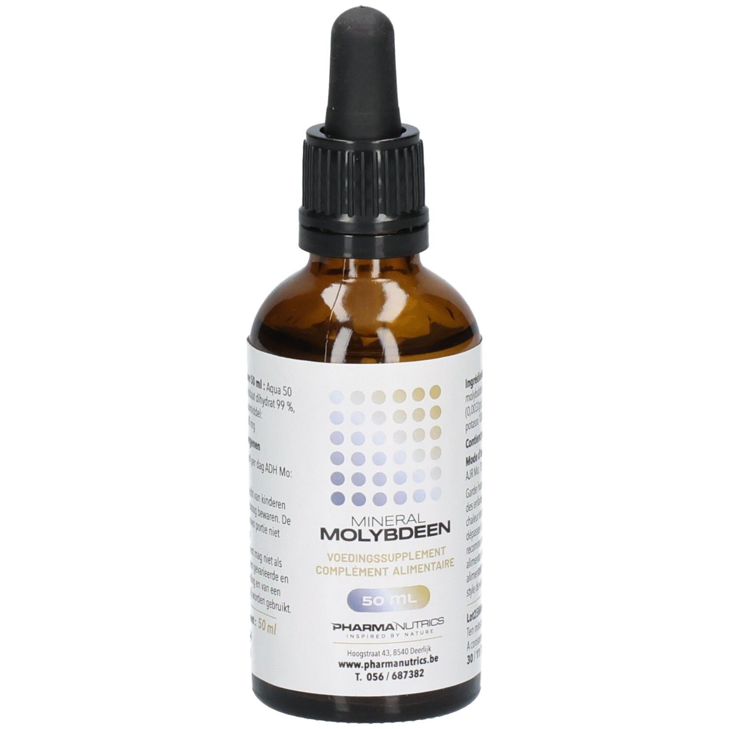 Bruine glazen fles met zwarte druppelaar. Opschrift: MINERAL MOLYBDEEN, 50 ml. PharmaNutrics logo.