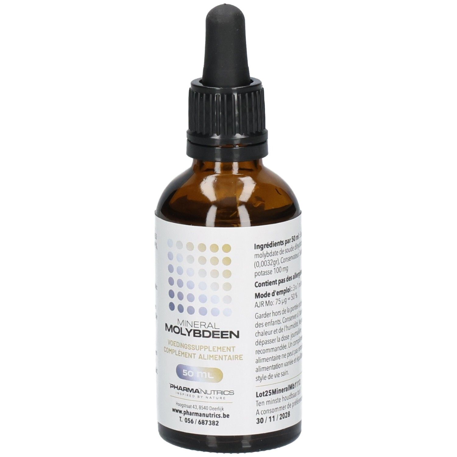 Bruine glazen fles met zwarte druppelaar. Opschrift: MINERAL MOLYBDEEN, 50 ml. PharmaNutrics logo. Etiket met ingrediënten.