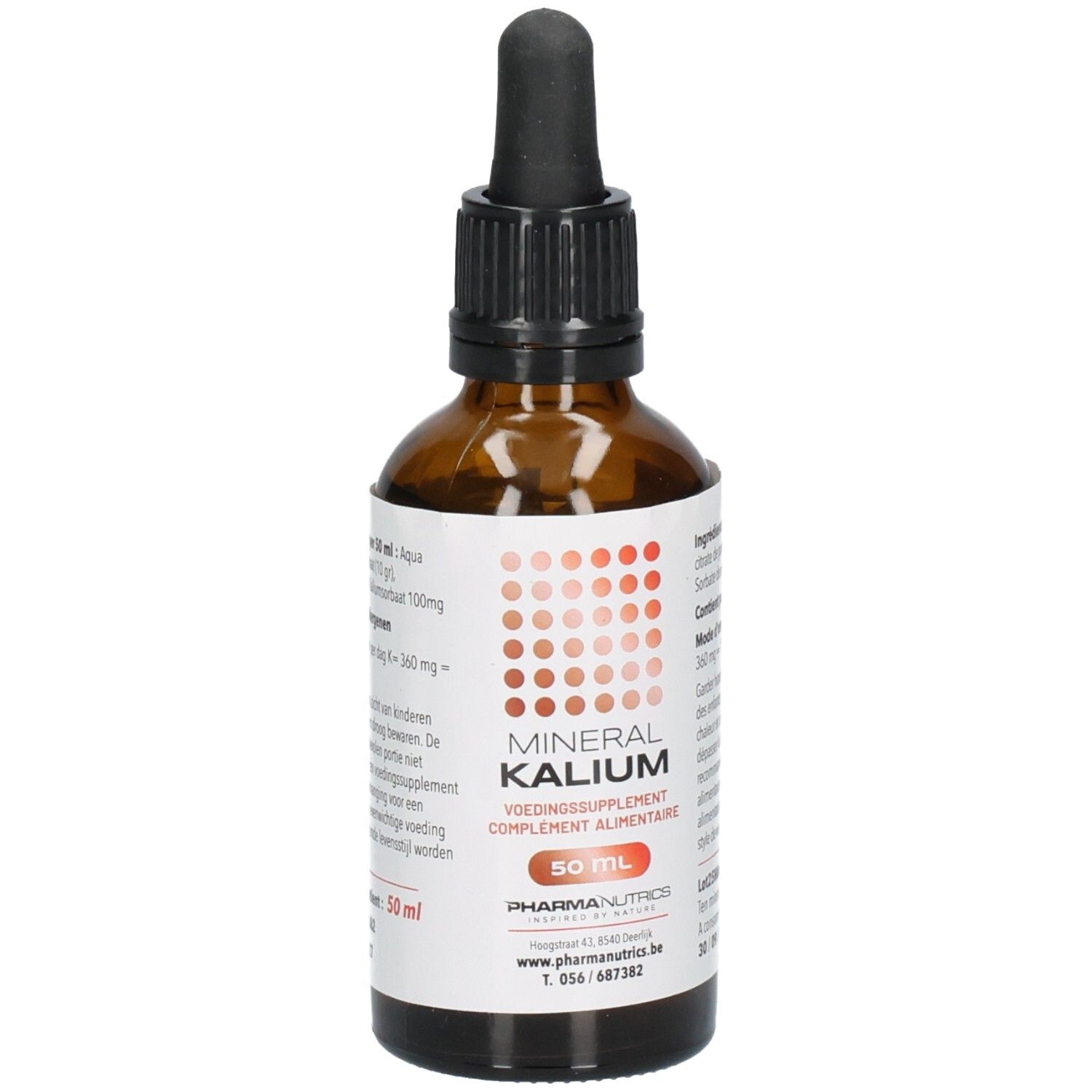 Bruine glazen fles met zwarte dop en pipet. Etiket met productnaam MINERAL KALIUM en logo. 50 ml.