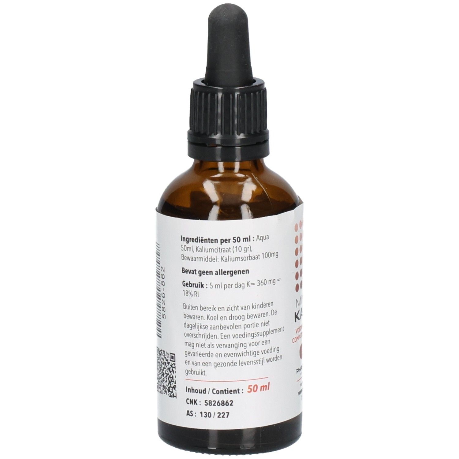 Achterkant van de bruine glazen fles. Etiket met ingrediënten, QR-code en andere informatie. 50 ml.