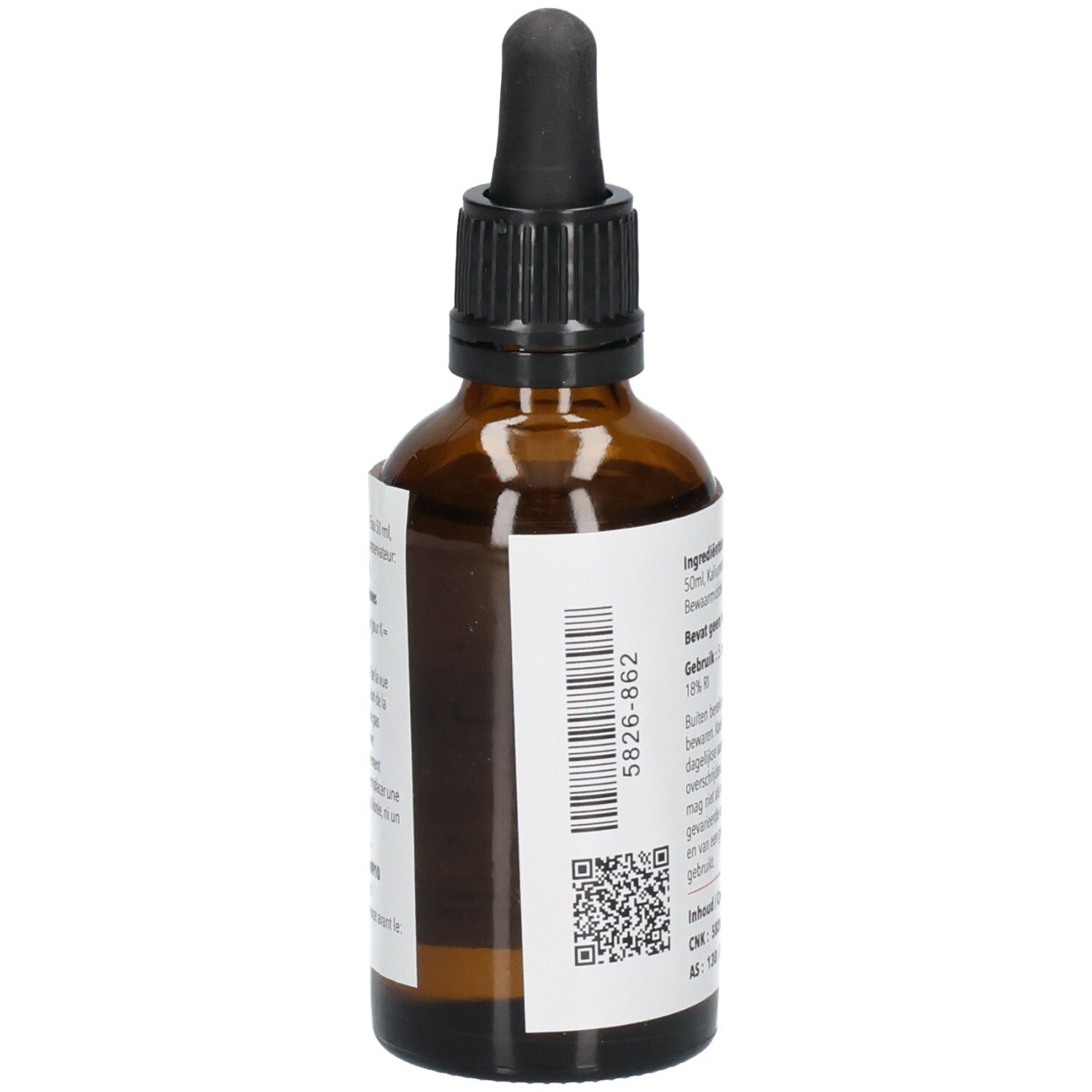 Bruine glazen fles, zijaanzicht. Etiket met barcode en andere informatie. 50 ml.