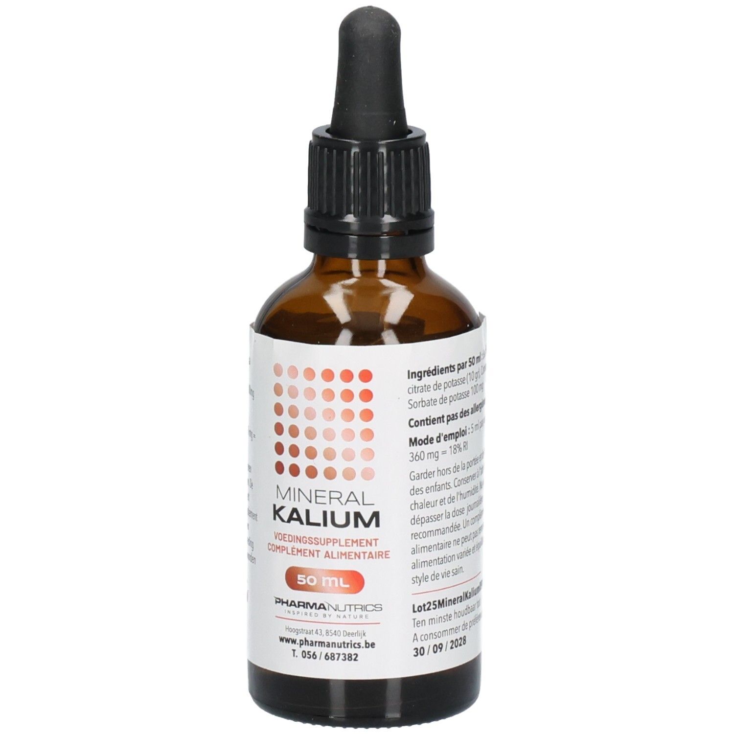 Bruine glazen fles met zwarte dop en pipet. Etiket met productnaam MINERAL KALIUM en logo. 50 ml.