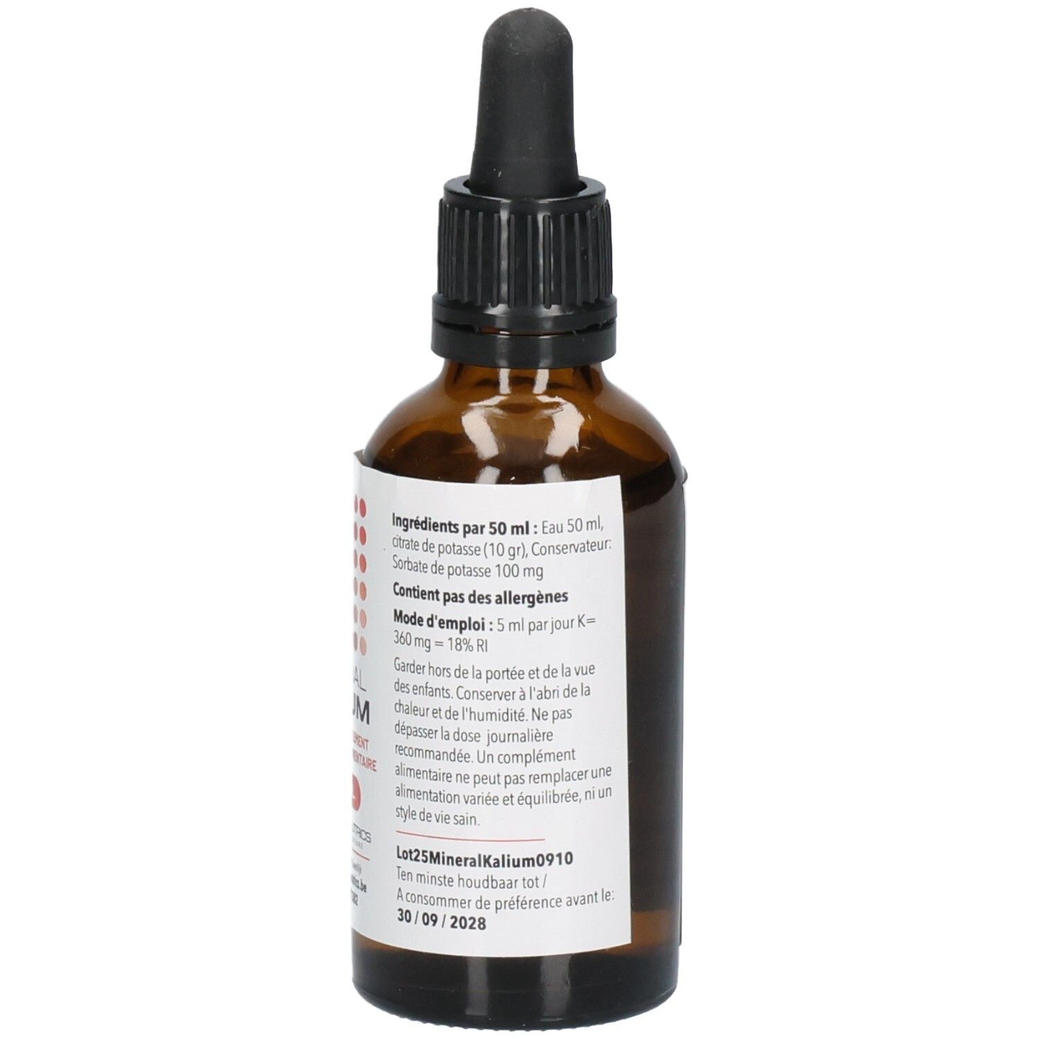 Bruine glazen fles met zwarte dop en pipet. Etiket met productnaam MINERAL KALIUM en logo. 50 ml.