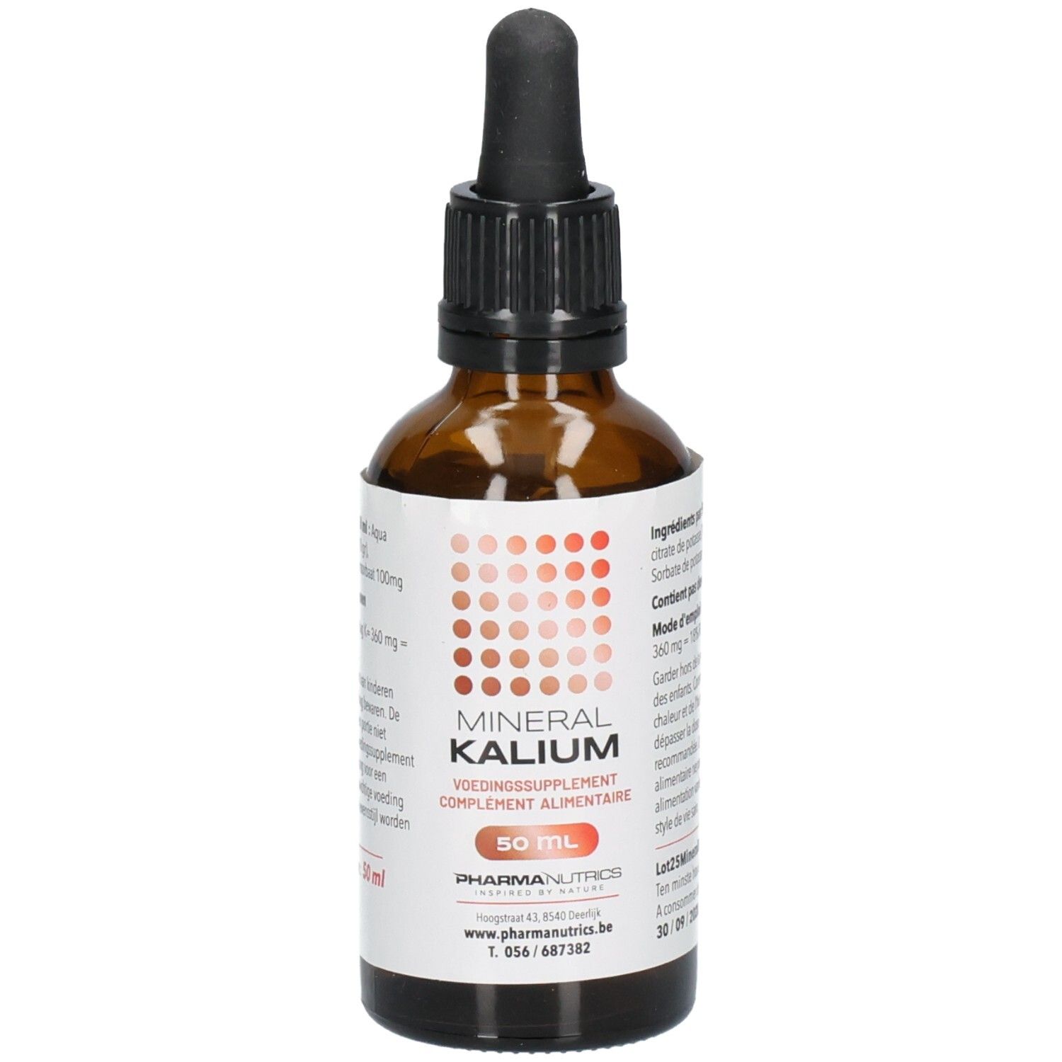Bruine glazen fles met zwarte dop en pipet. Etiket met productnaam MINERAL KALIUM en logo. 50 ml.