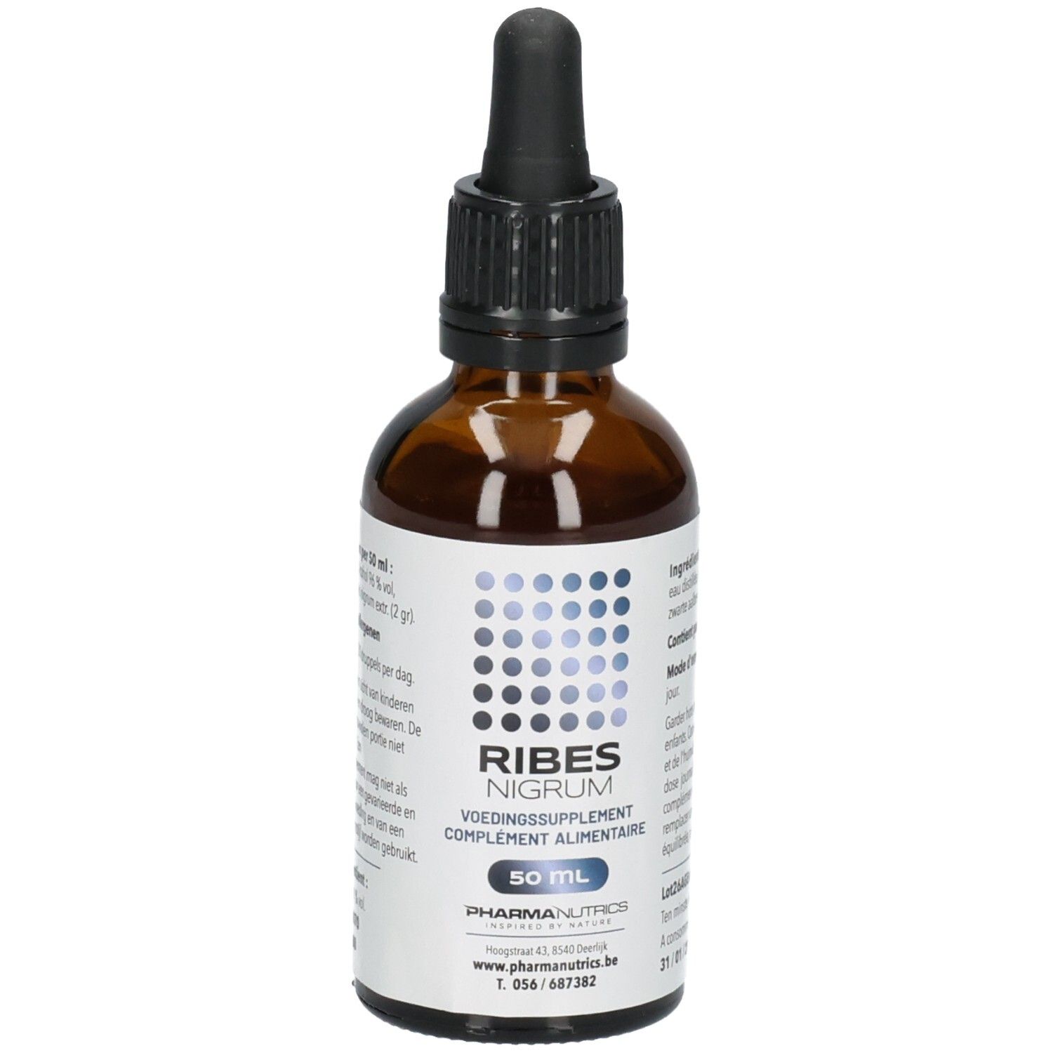 Bruine glazen fles met druppeldop, etiket met blauwe stippen en tekst 'RIBES NIGRUM'.
