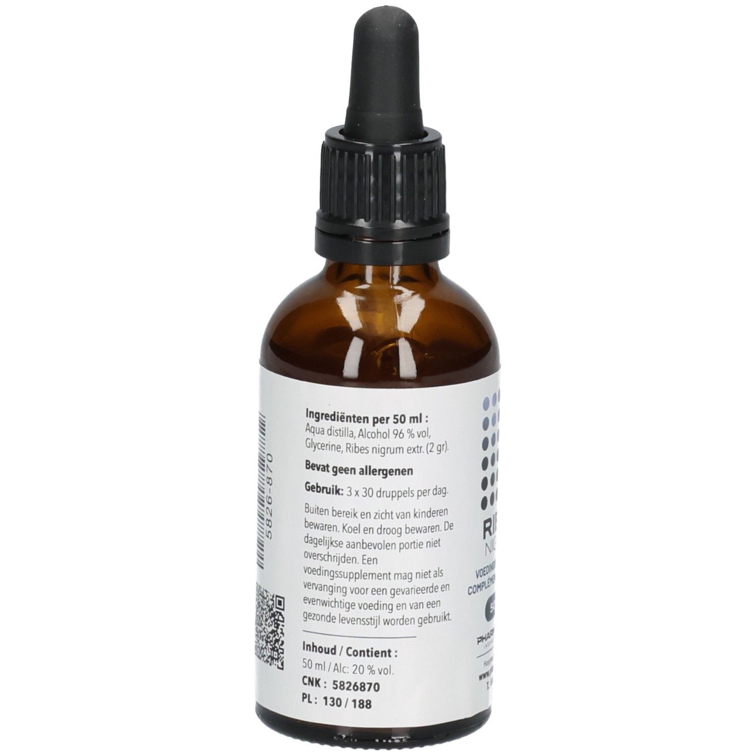 Achterkant van een bruine glazen fles met druppeldop, etiket met ingrediënten en gebruiksaanwijzing.