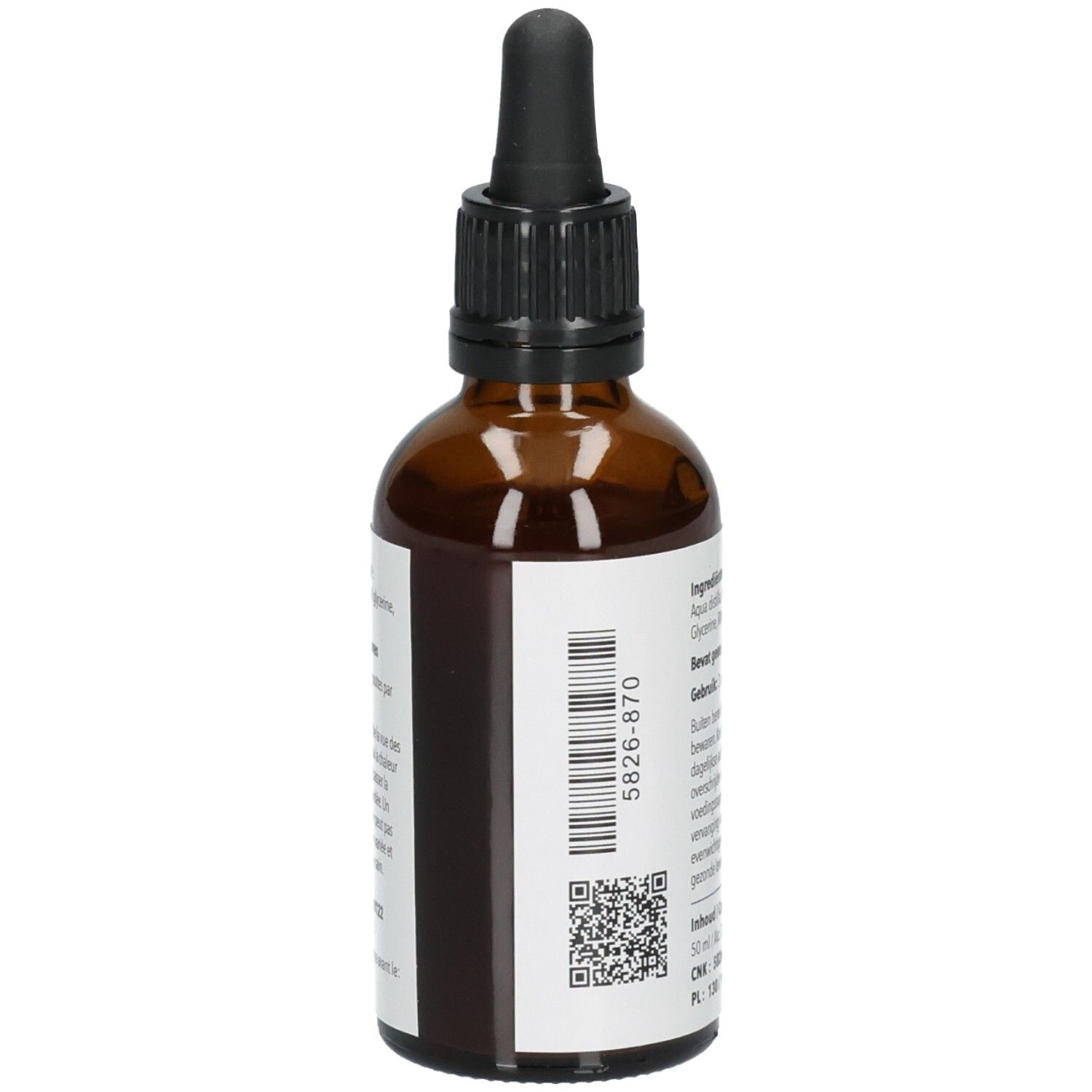 Zijaanzicht van een bruine glazen fles met druppeldop, etiket met barcode en QR-code.