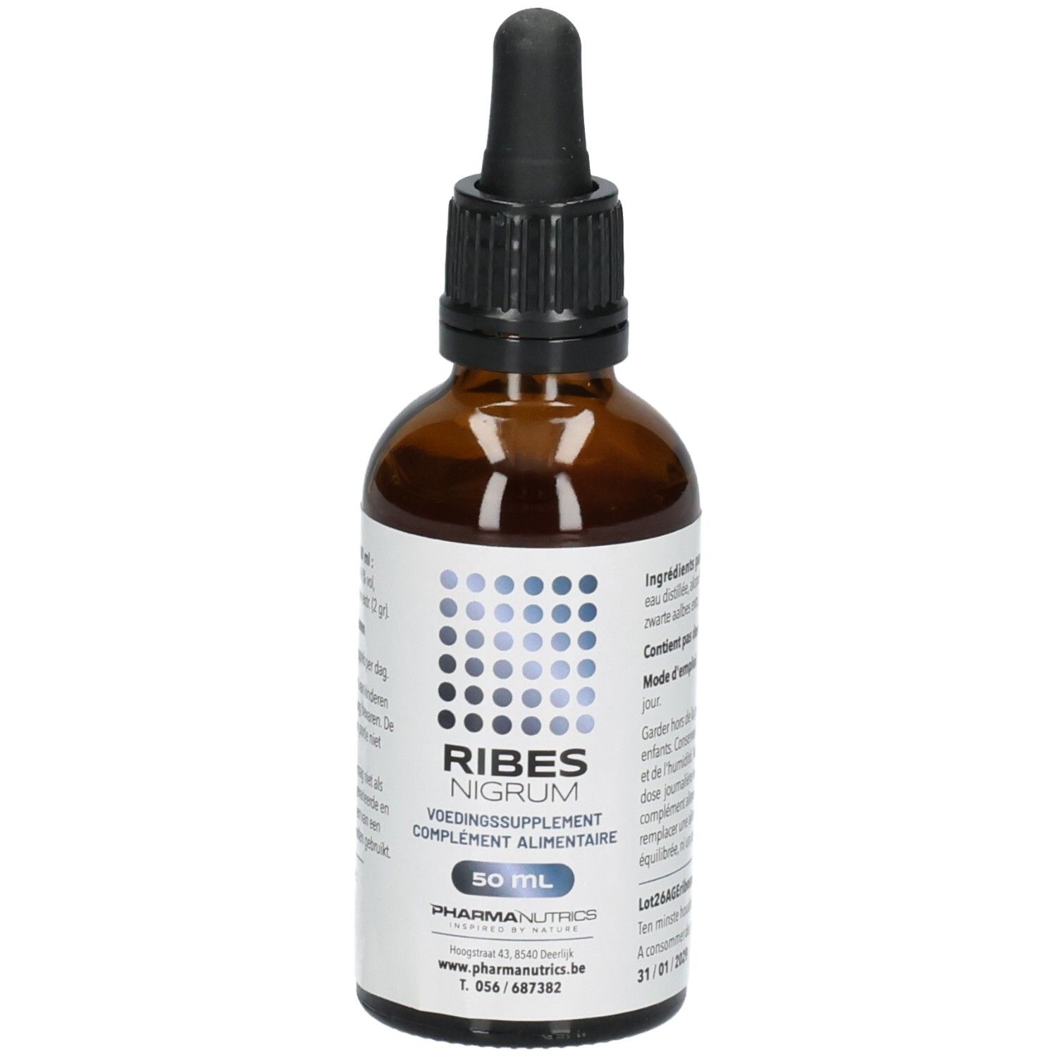 Bruine glazen fles met druppeldop, etiket met blauwe stippen, tekst 'RIBES NIGRUM' en houdbaarheidsdatum.