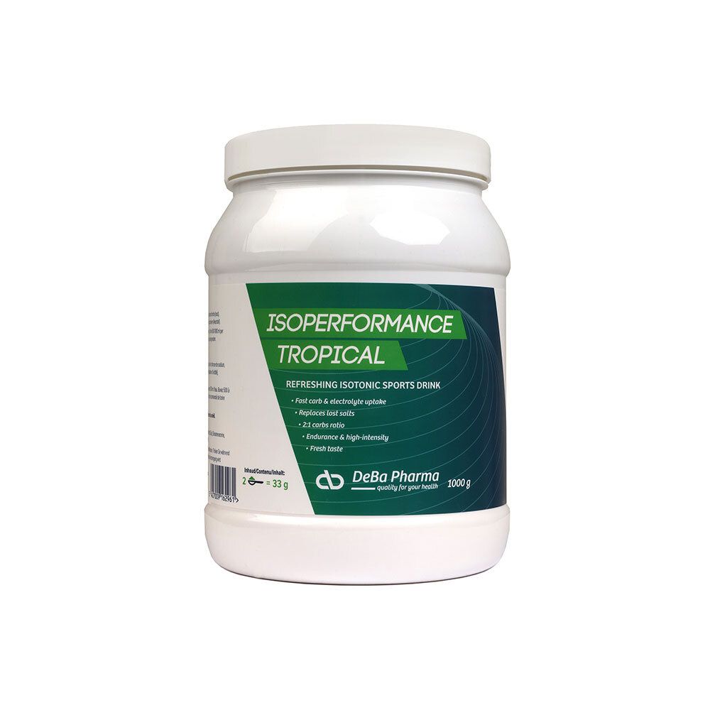 Witte pot met groen etiket. Opschrift: Isoperformance Tropical, 1000g. DeBa Pharma logo.