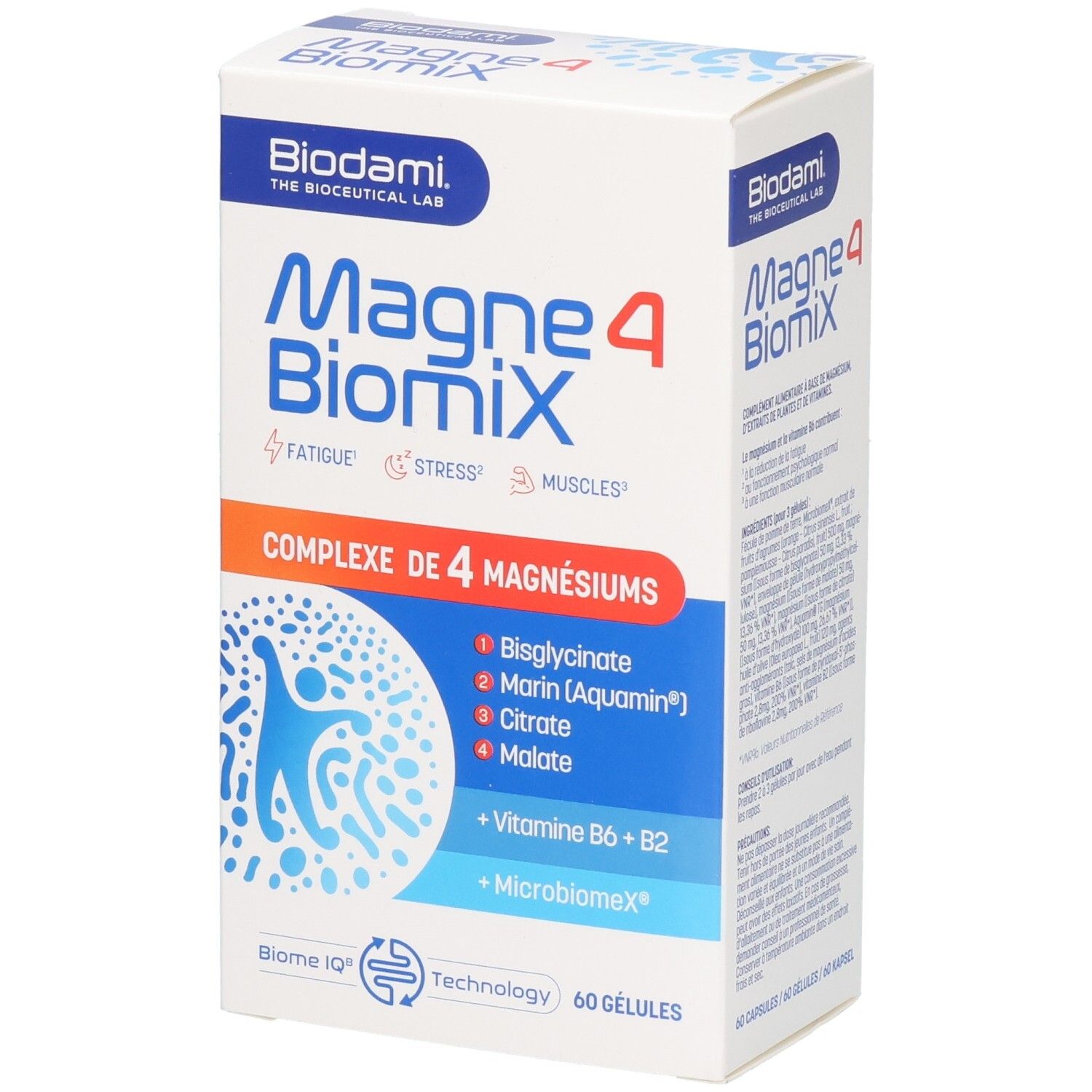 Biodami Magne4 BiomiX Capsules: Complexe de 4 magnésiums, Vitamine B6+B2, 60 gélules.