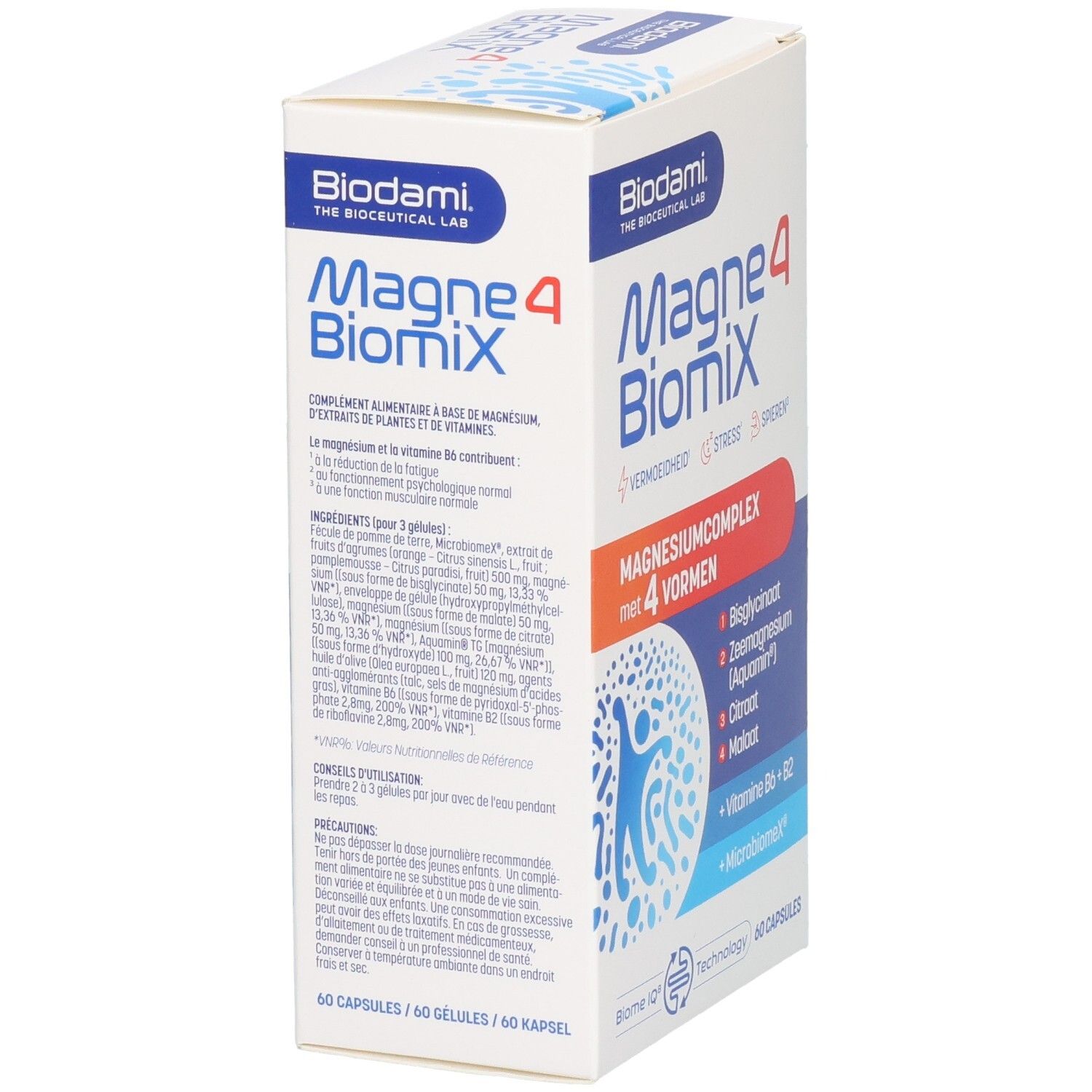 Biodami Magne4 BiomiX Capsules: Face avant avec informations produit et ingrédients, 60 gélules.