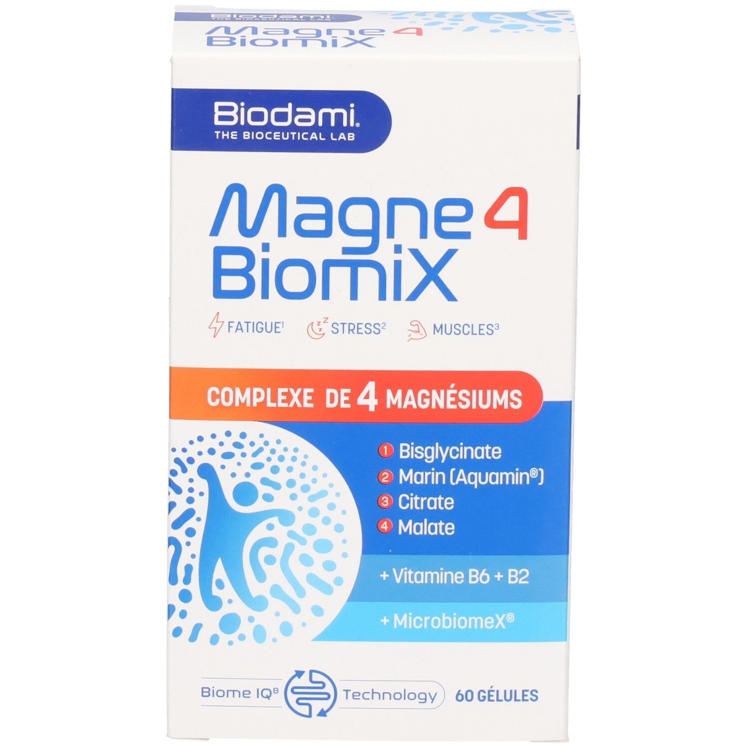 Biodami Magne4 BiomiX Capsules: Complexe de 4 magnésiums, Vitamine B6+B2, 60 gélules.
