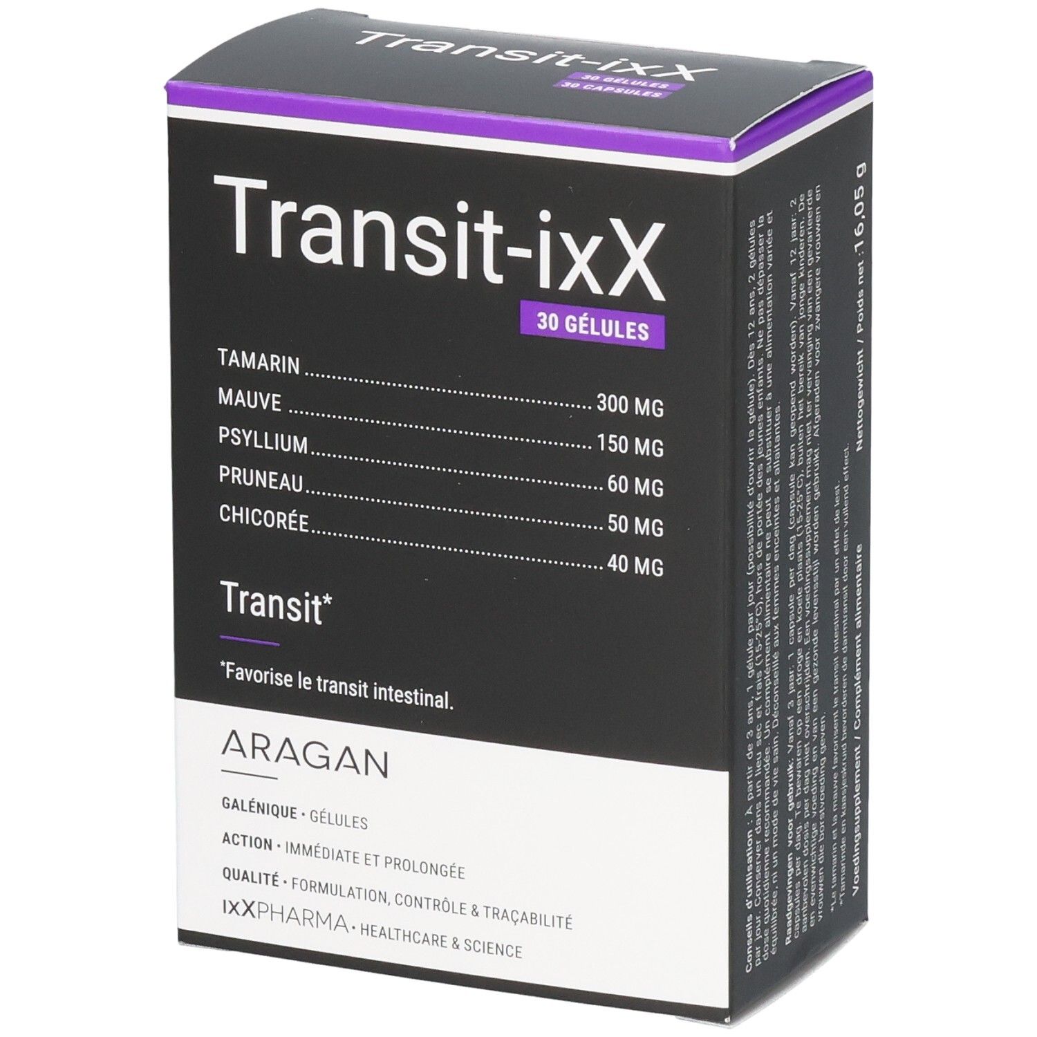 Verpakking van Transit-iXX 30 capsules. Bevat tamarinde, mauve, psyllium, pruim en cichorei.
