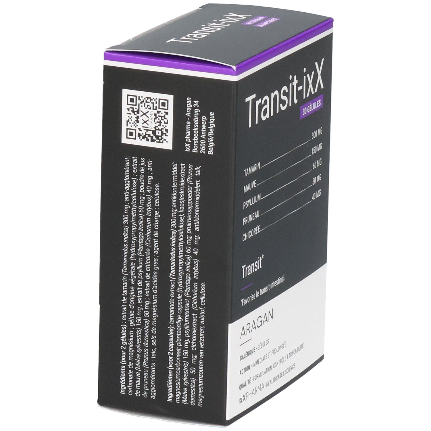 Achterkant van de Transit-iXX verpakking met QR-code en ingrediënten. 30 capsules.