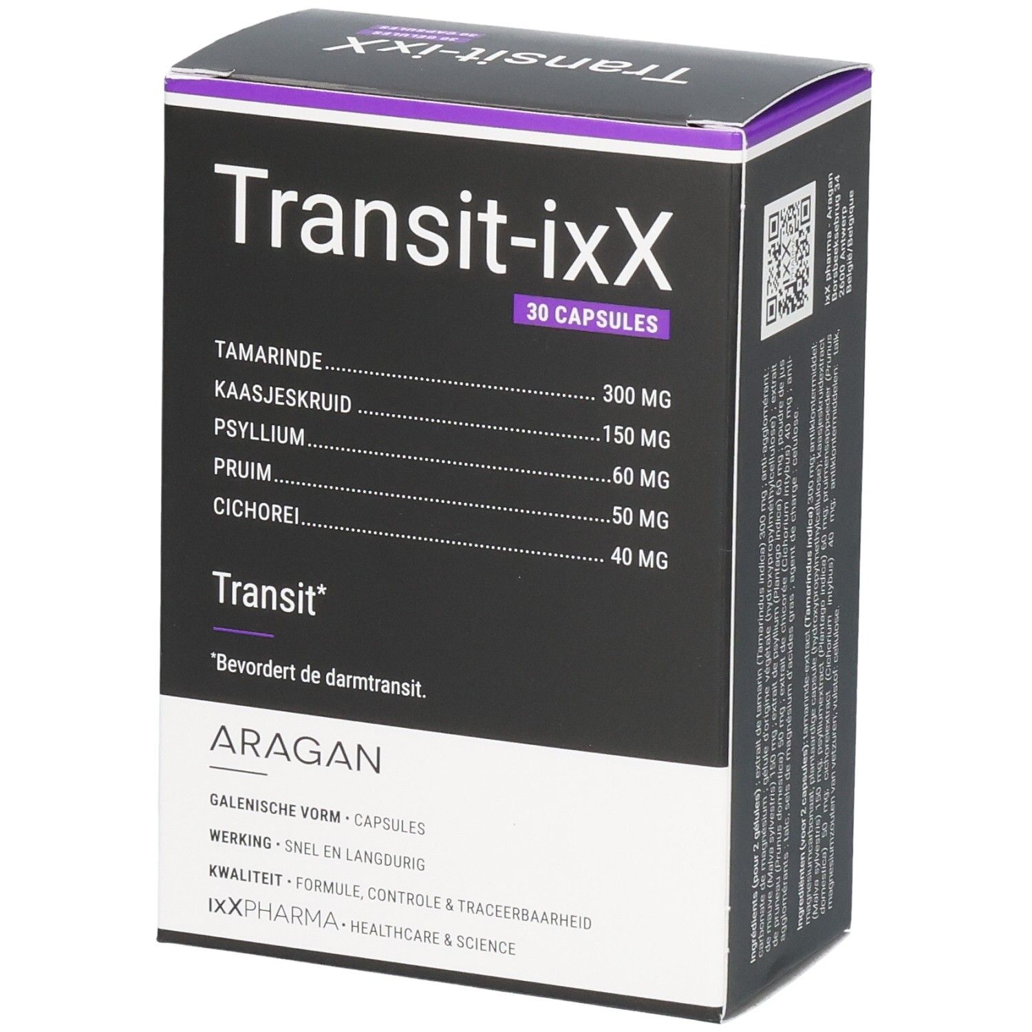 Verpakking van Transit-iXX 30 capsules. Ingrediënten: tamarinde, kaasjeskruid, psyllium, pruim, cichorei.