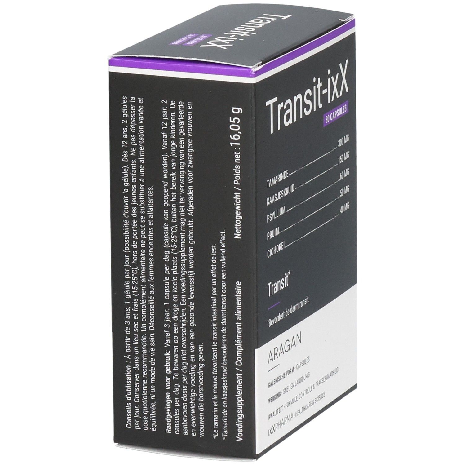Zijaanzicht van de Transit-iXX verpakking met gebruiksadvies en nettogewicht. 30 capsules.