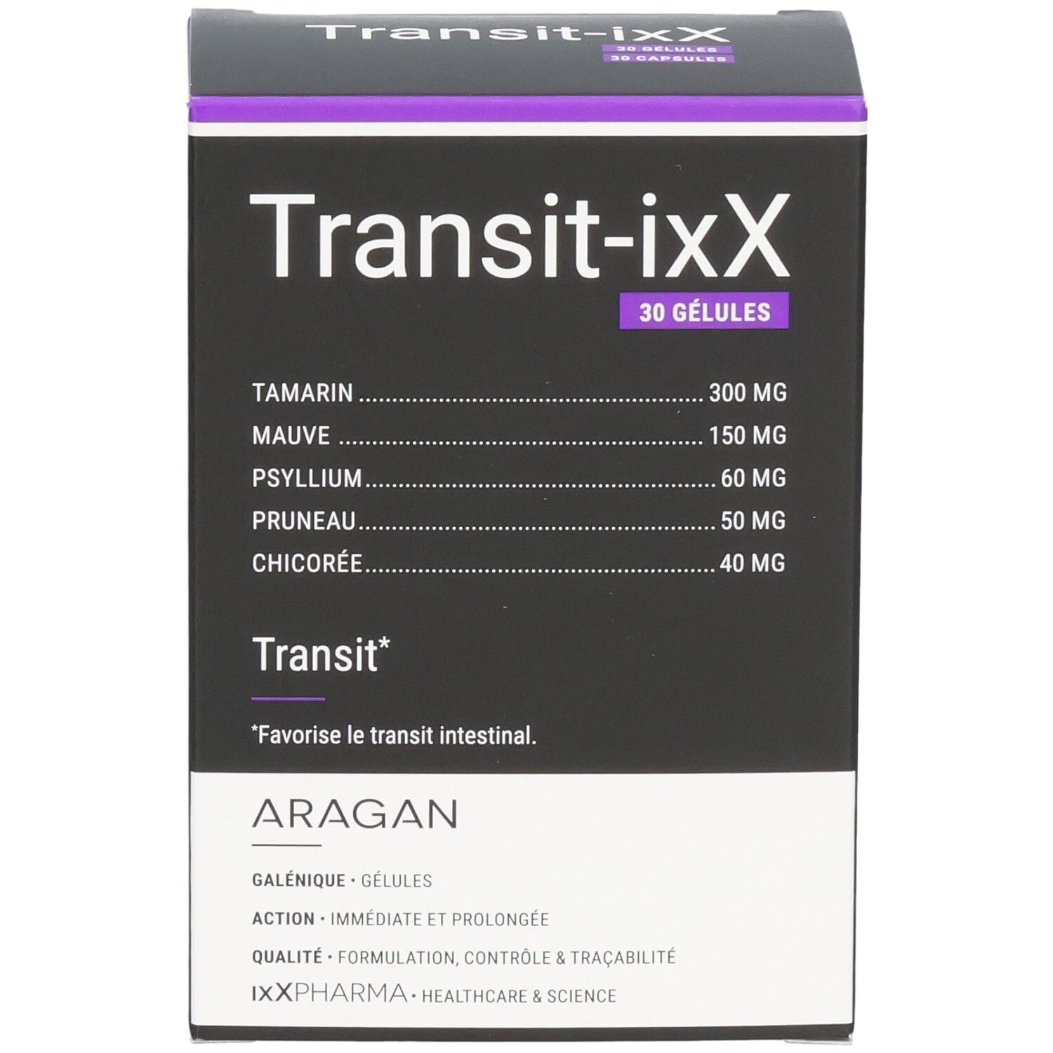 Voorkant van de Transit-iXX verpakking met ingrediëntenlijst: tamarinde 300mg, mauve 150mg, psyllium 60mg, pruim 50mg, cichorei 40mg.