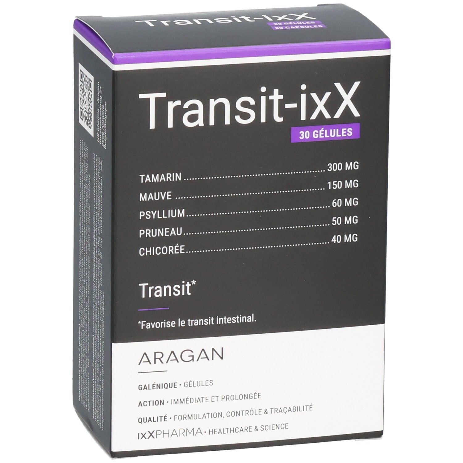 Verpakking van Transit-iXX, 30 capsules. Bevat tamarinde, mauve, psyllium, pruim, cichorei. Merk: IXXPHARMA.