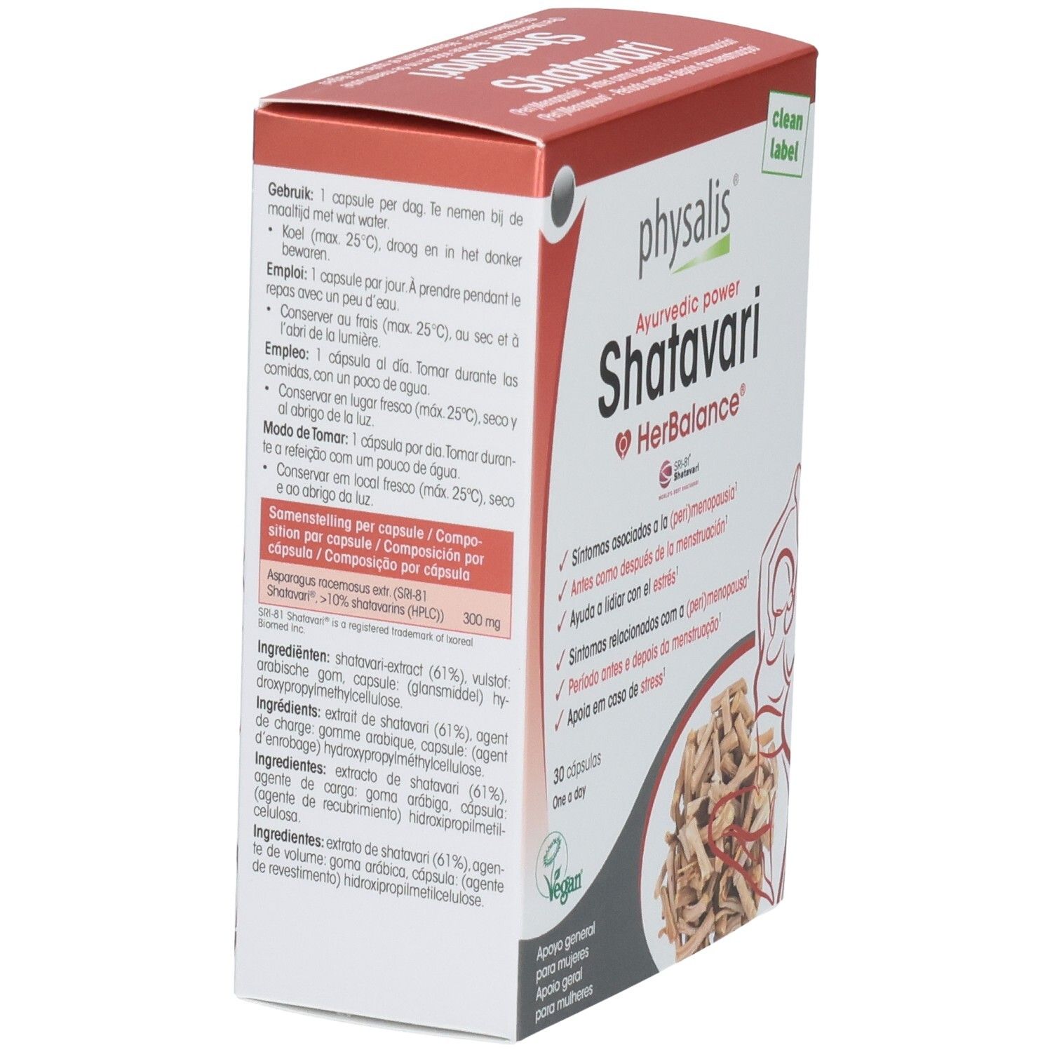 Boîte Physalis Shatavari HerBalance, vue latérale. Contient 30 gélules. Label végan.