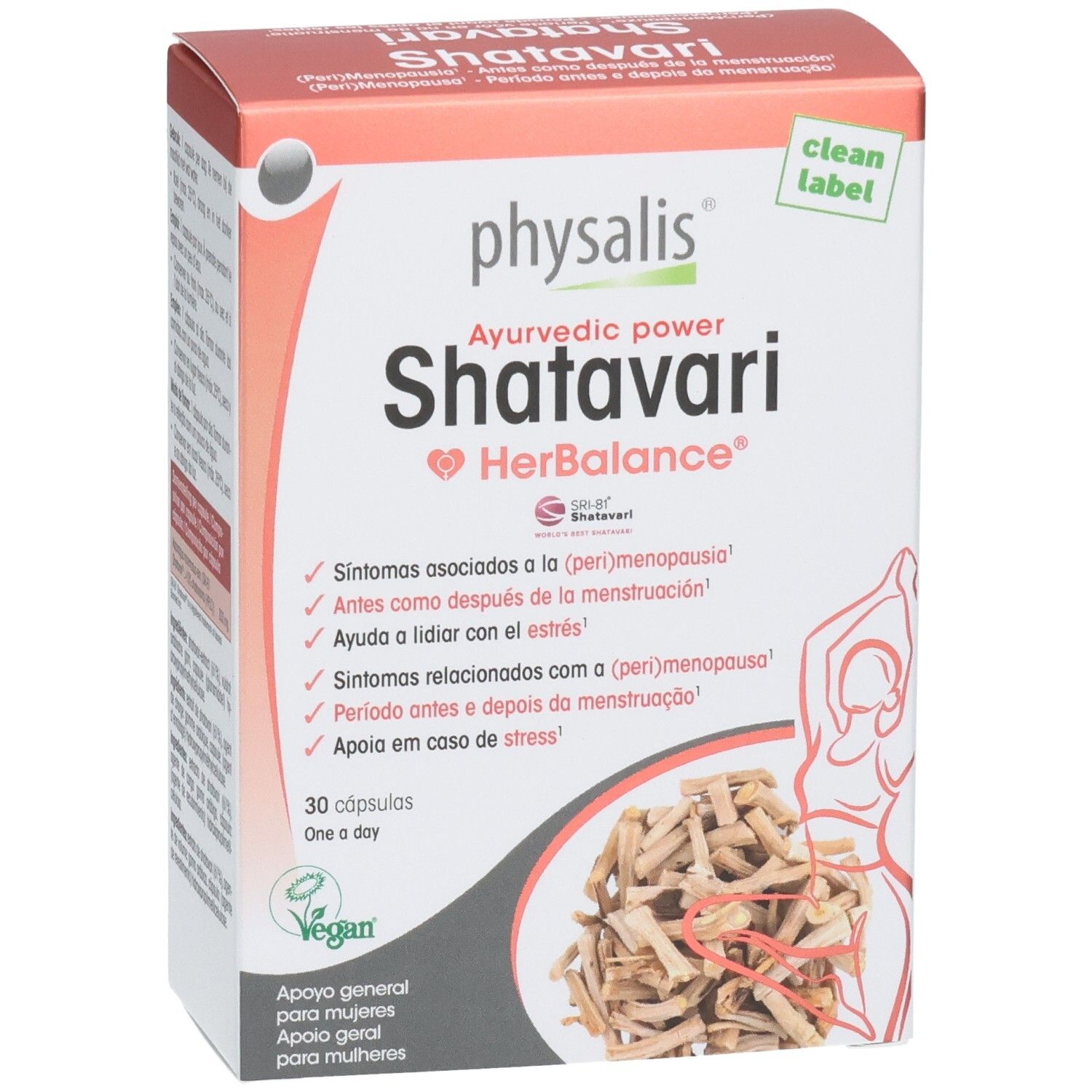 Boîte Physalis Shatavari HerBalance. Contient 30 gélules. Inscription: Ayurvedic power. Label végan.