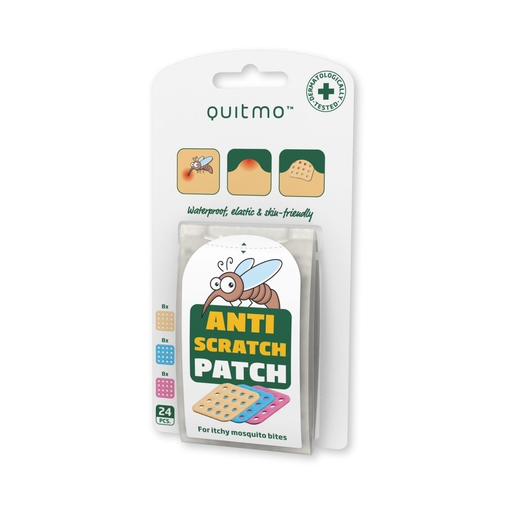 Quitmo Anti-Scratch Patchs: 24 pleisters voor jeukende muggenbeten. Waterdicht, elastisch en huidvriendelijk.