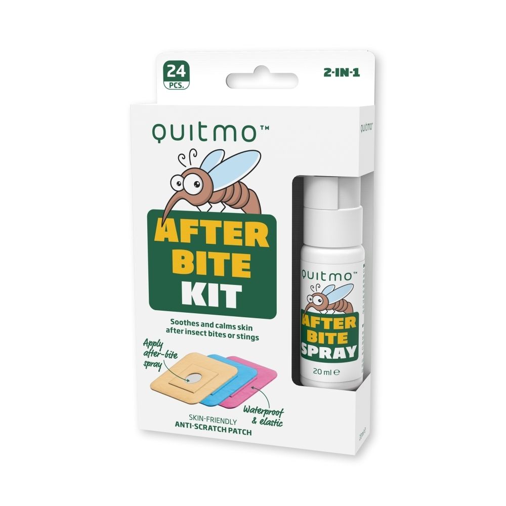 Quitmo After Bite Kit: 24 stuks, 2-in-1 spray en huidpleisters voor verlichting van insectenbeten.