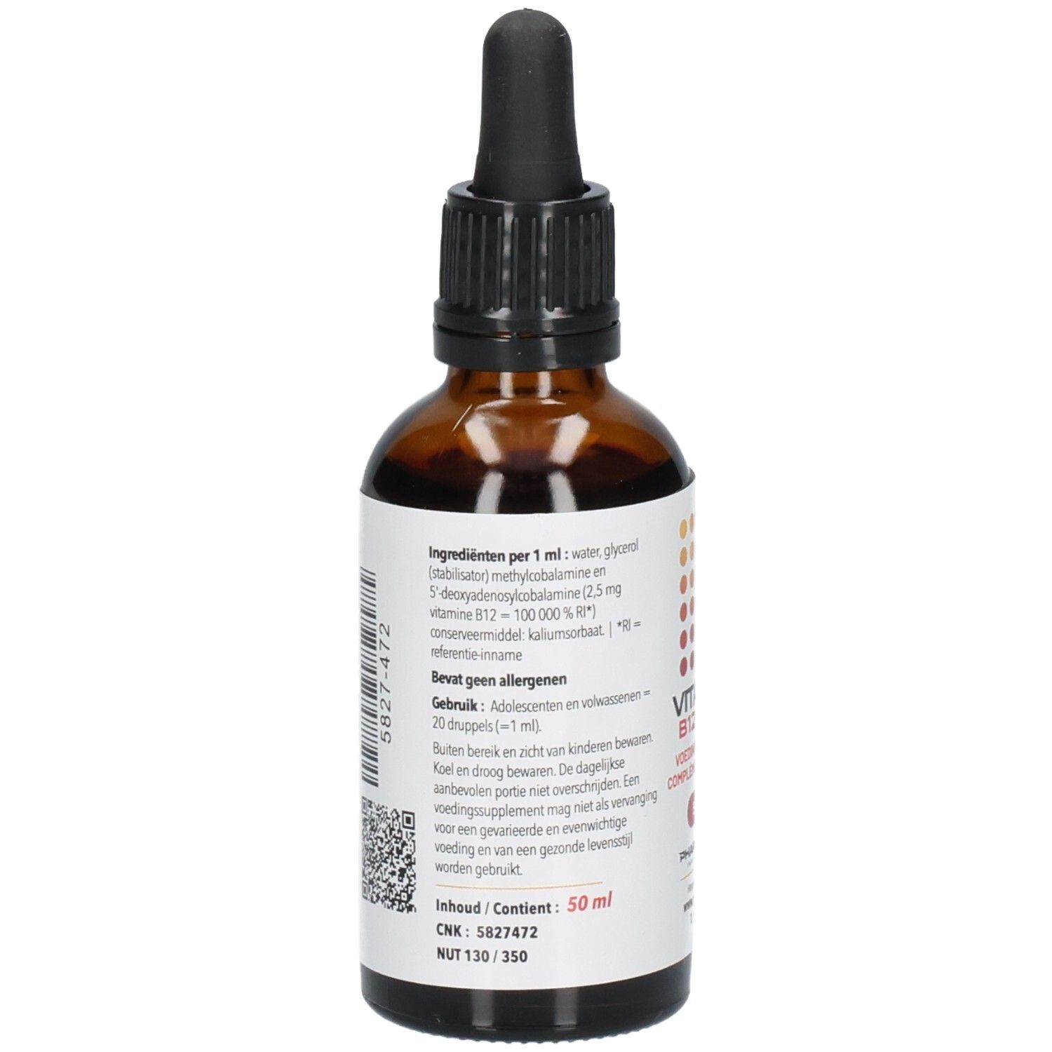 Achteraanzicht van de bruine glazen fles met etiket. Bevat informatie over ingrediënten, gebruik en waarschuwingen.